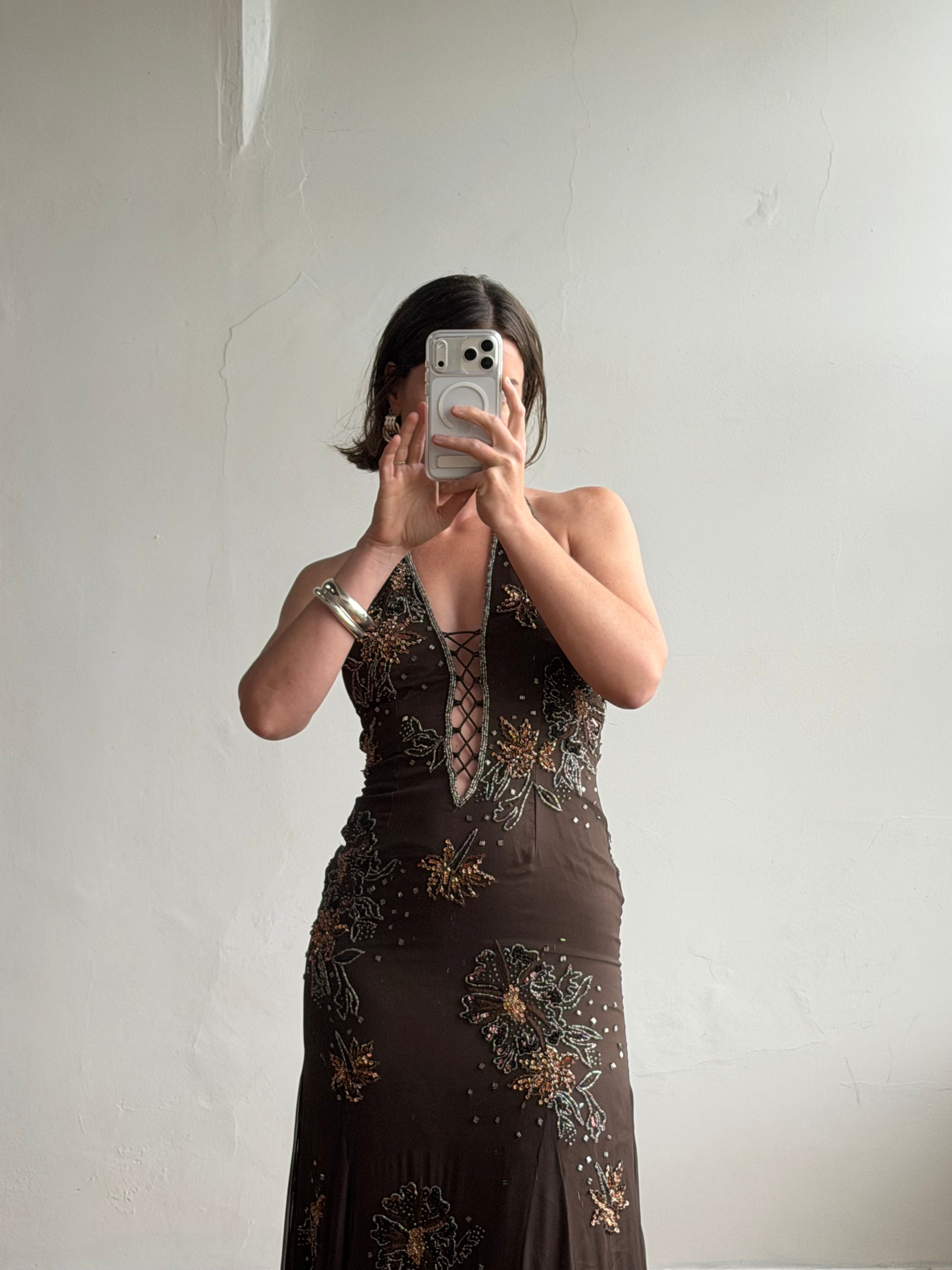 Vintage 90s Pure Silk Beaded Lace Up Dress Chocolate