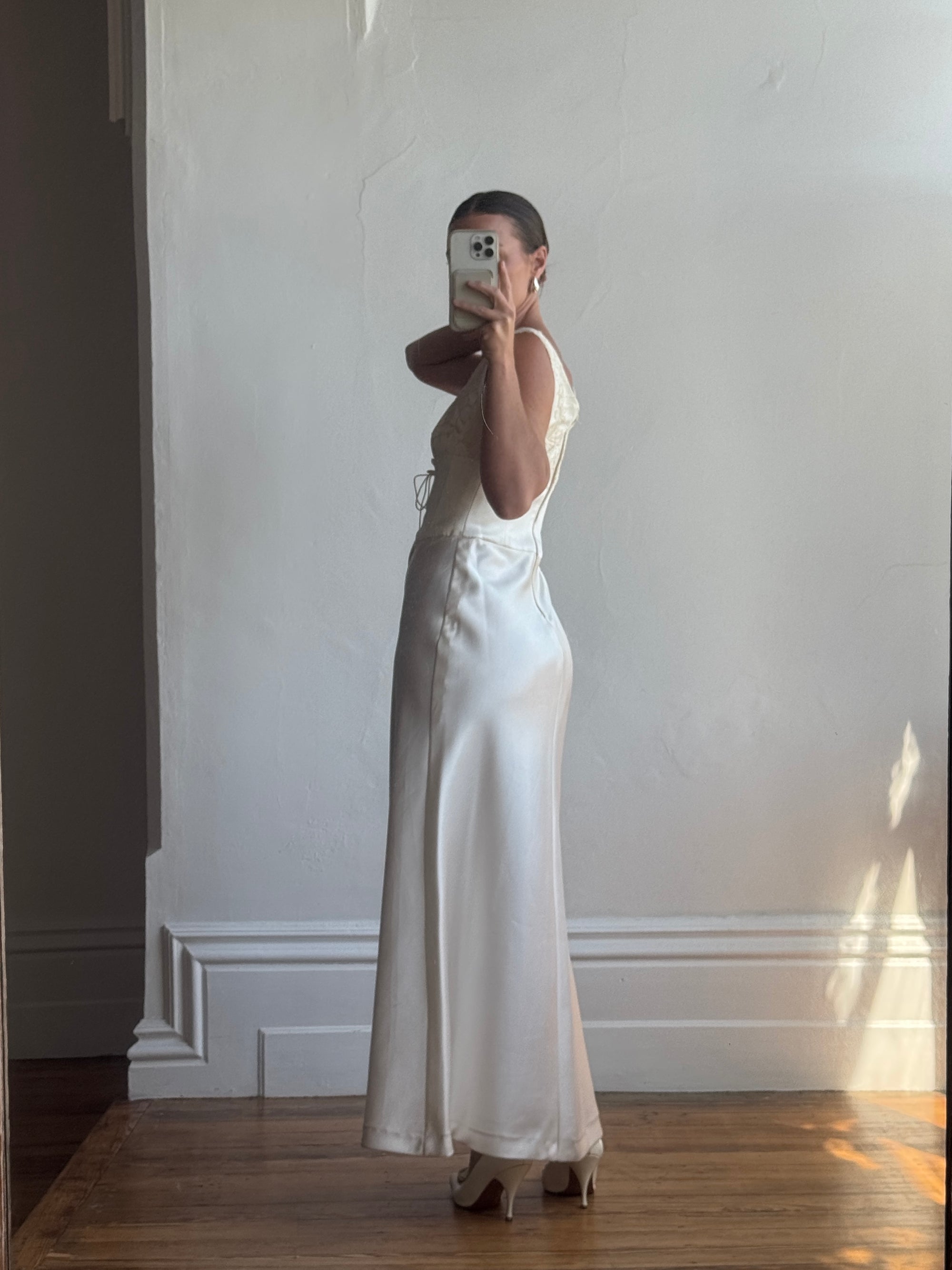 Vintage 90s Lace Up Waist Satin Column Wedding Dress