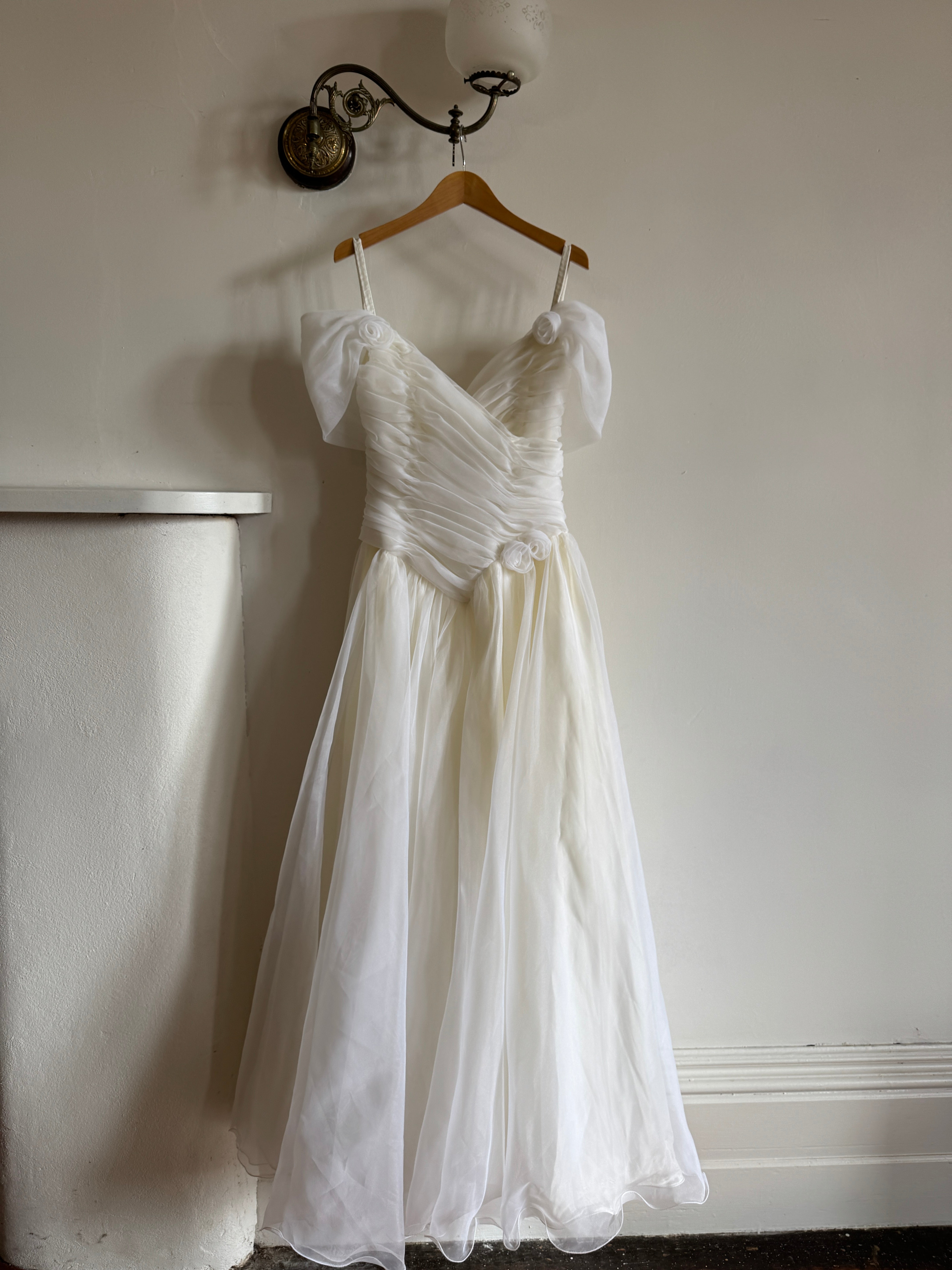Vintage 80s Chiffon Rosette Off Shoulder Wedding Dress