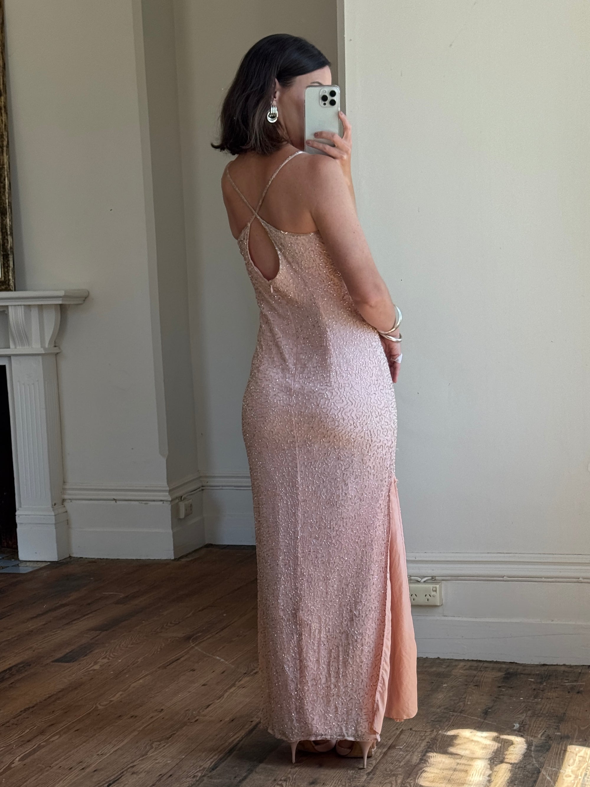 Vintage 90s Beaded Silk Party Dress Blush