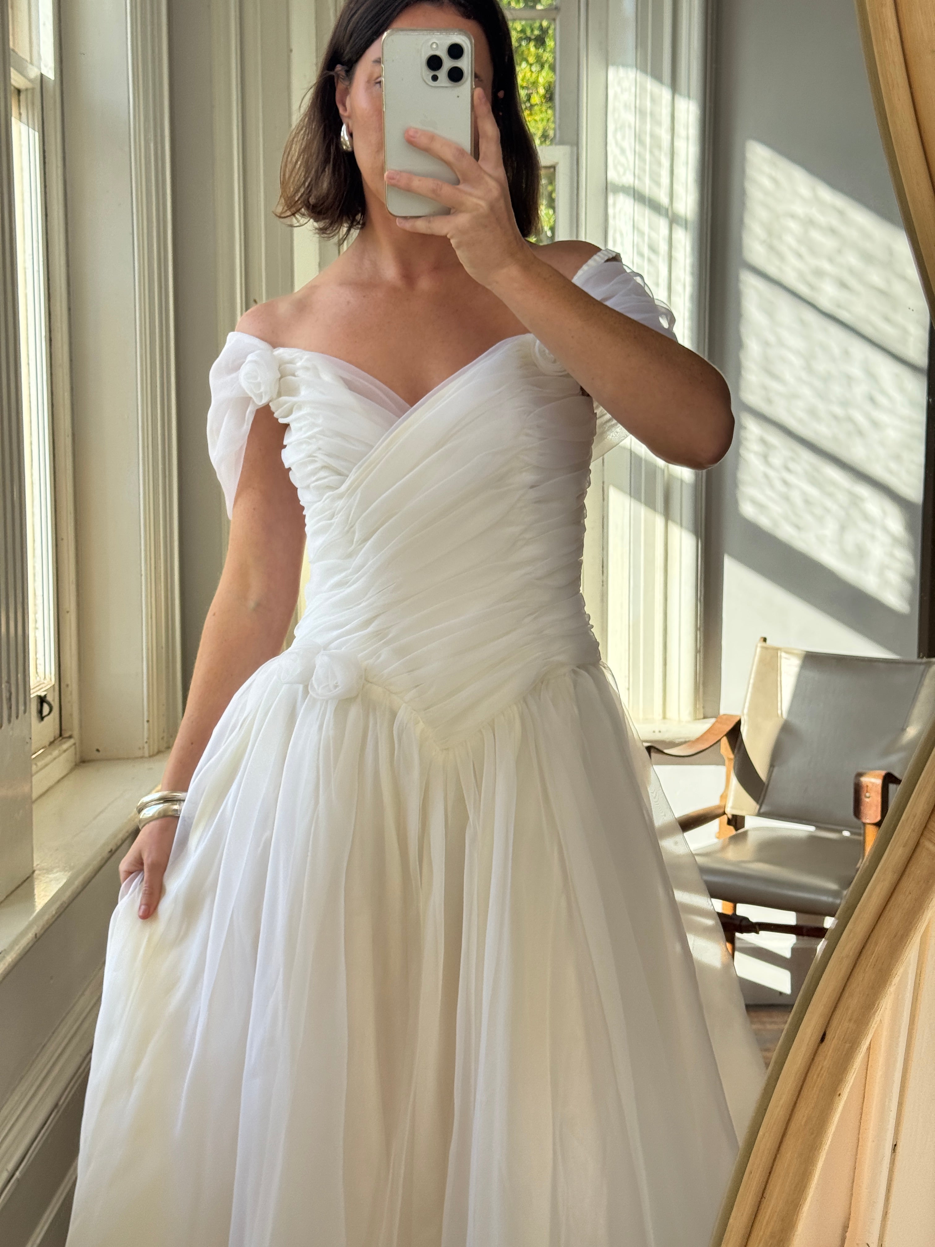 Vintage 80s Chiffon Rosette Off Shoulder Wedding Dress