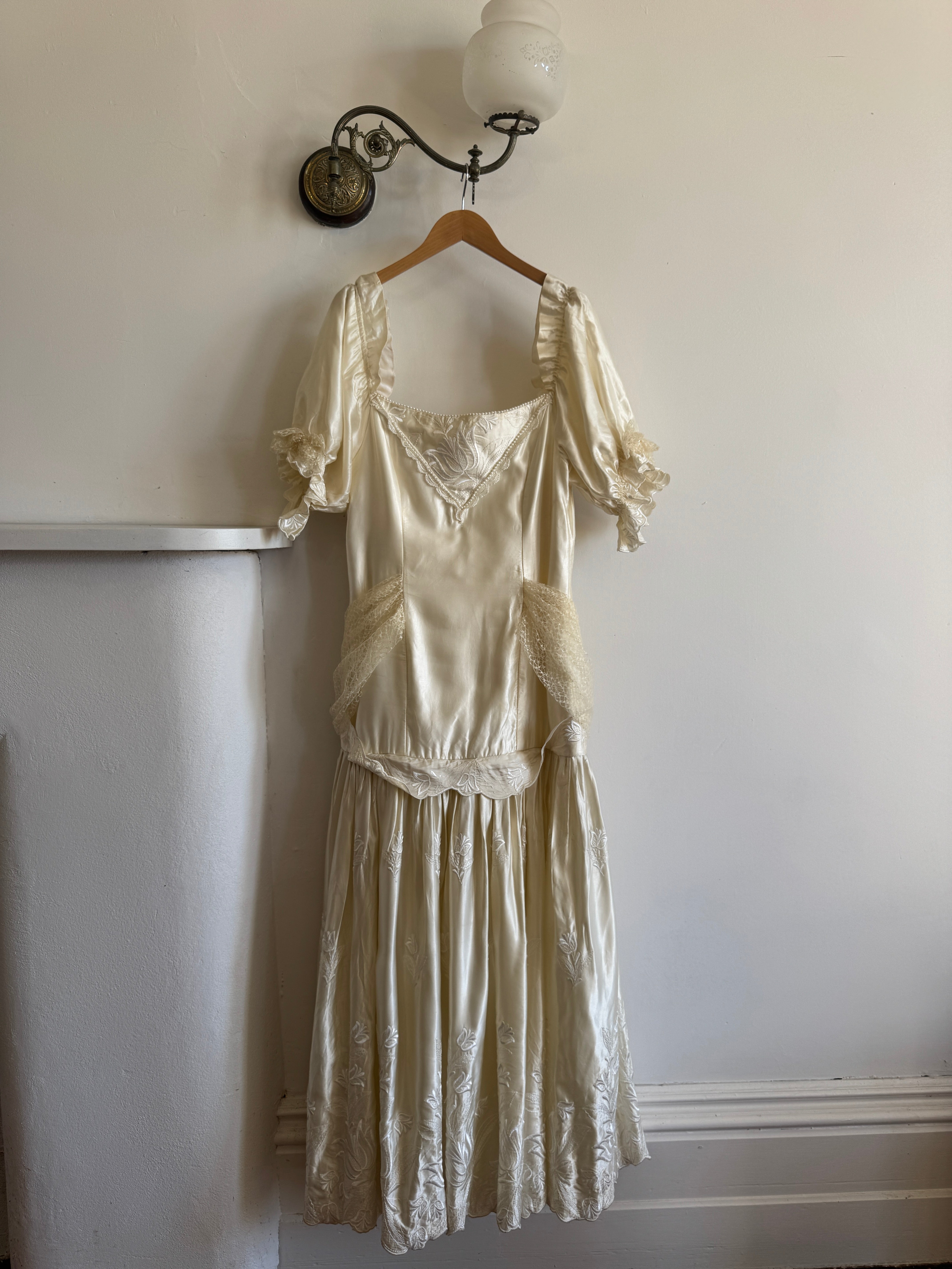 Vintage 80s Drop Waist Satin Jacquard Wedding Dress
