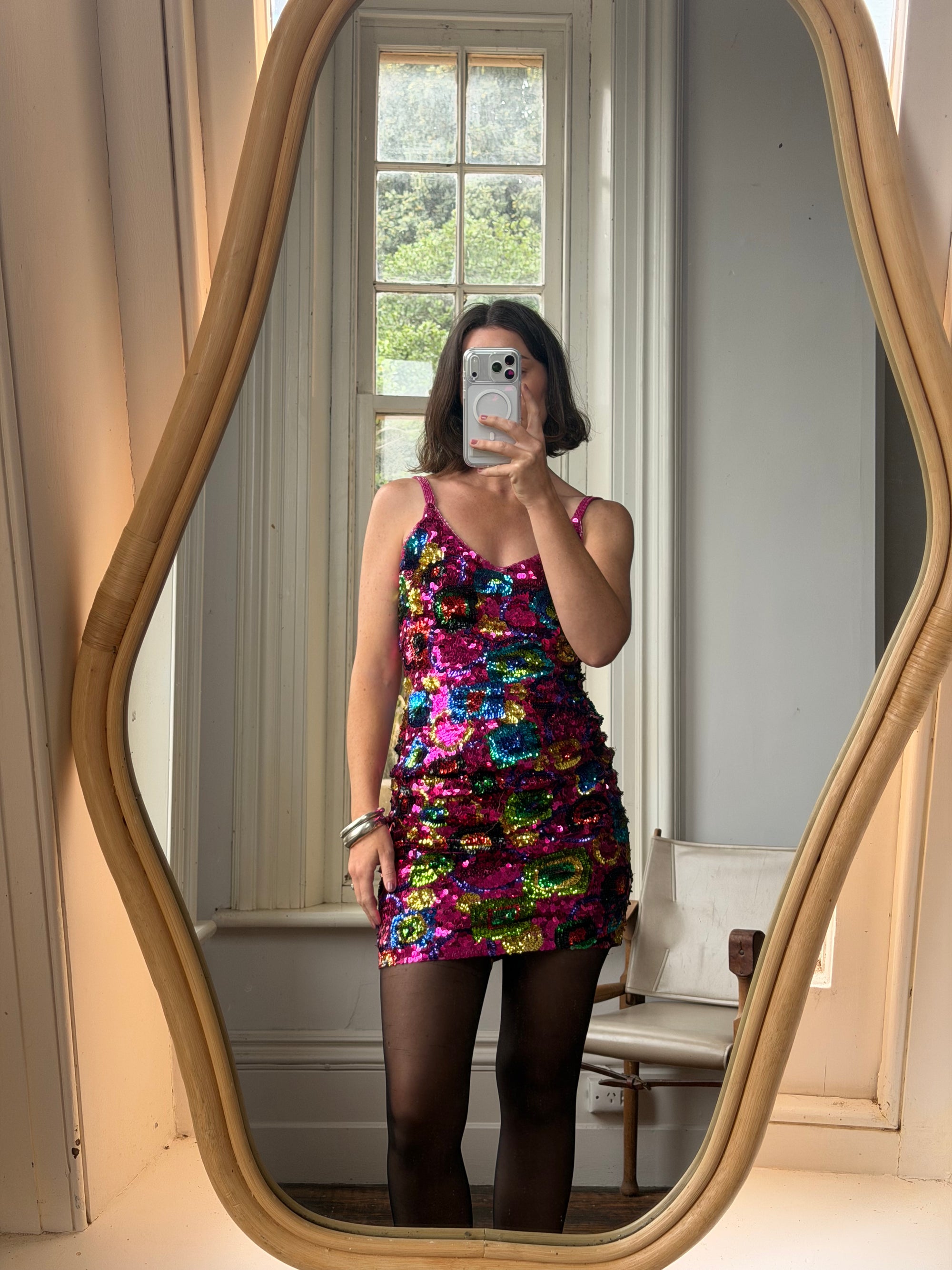 Vintage 90s Rainbow Disco Sequin Party Mini Dress