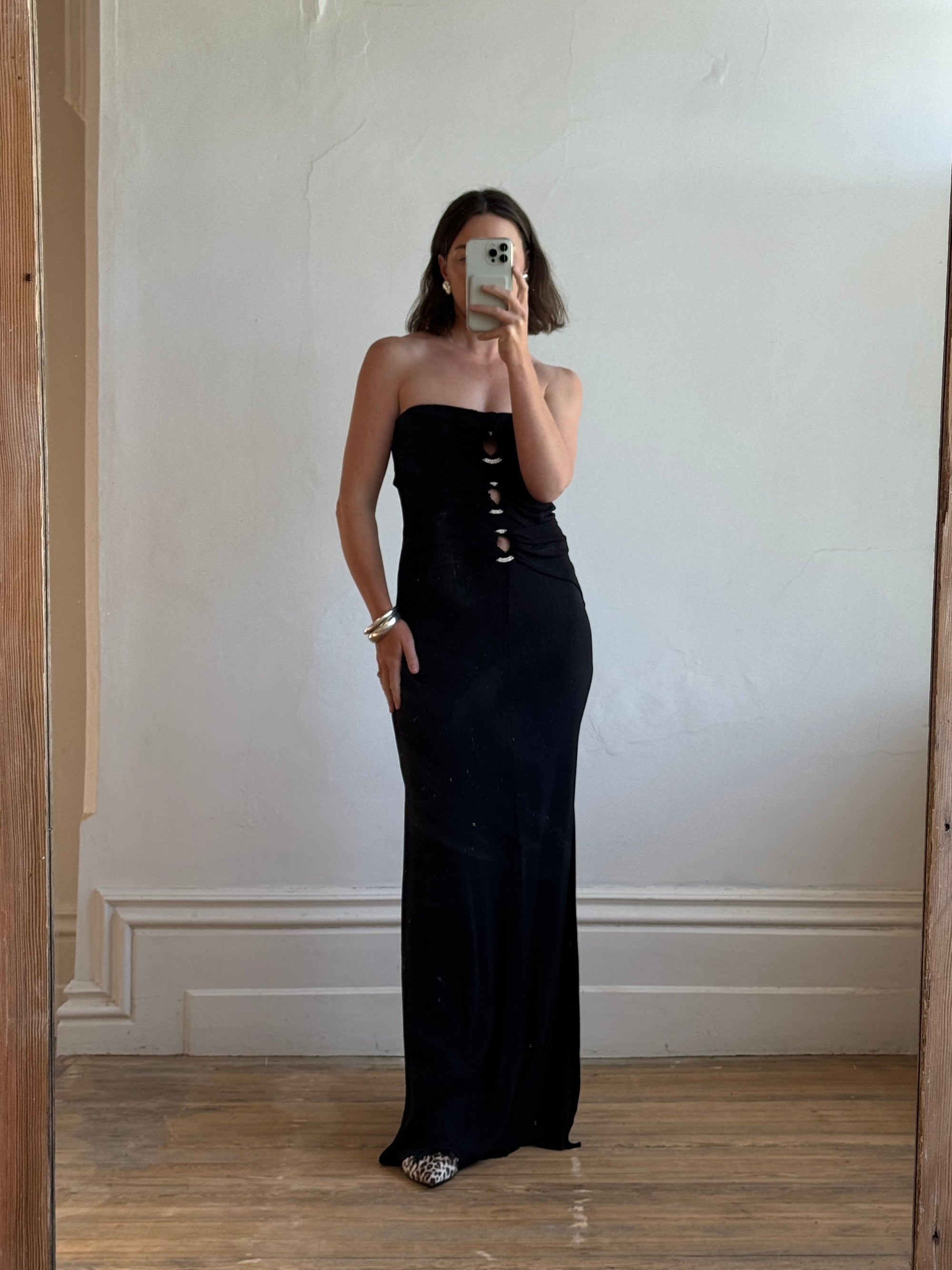 Vintage 90s Strapless Jersey Maxi Dress With Rhinestone Loops Call Me The Breeze Vintage 90s Strapless Jersey Maxi Dress With Rhinestone Loops Call Me The Breeze