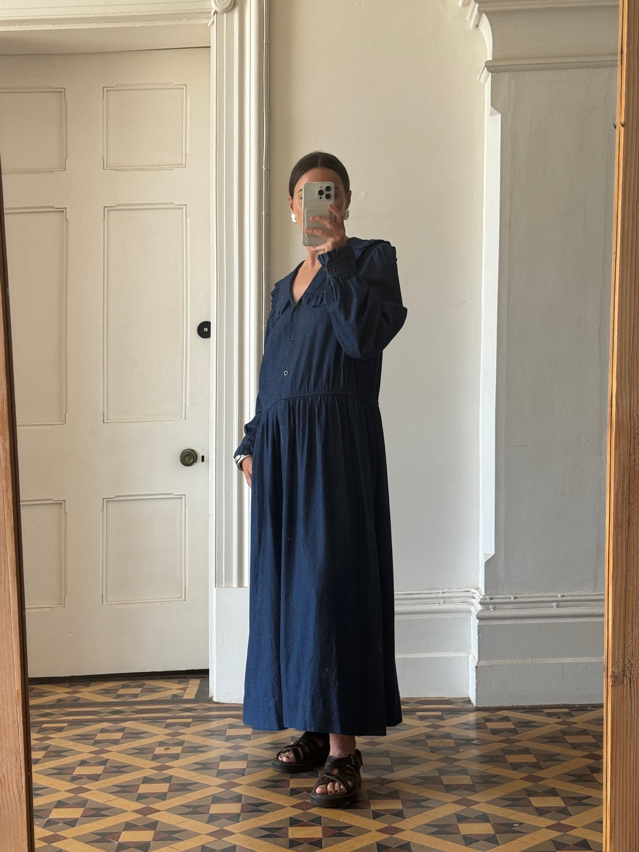 Vintage 80s Giant Collar Chambray Dress Navy