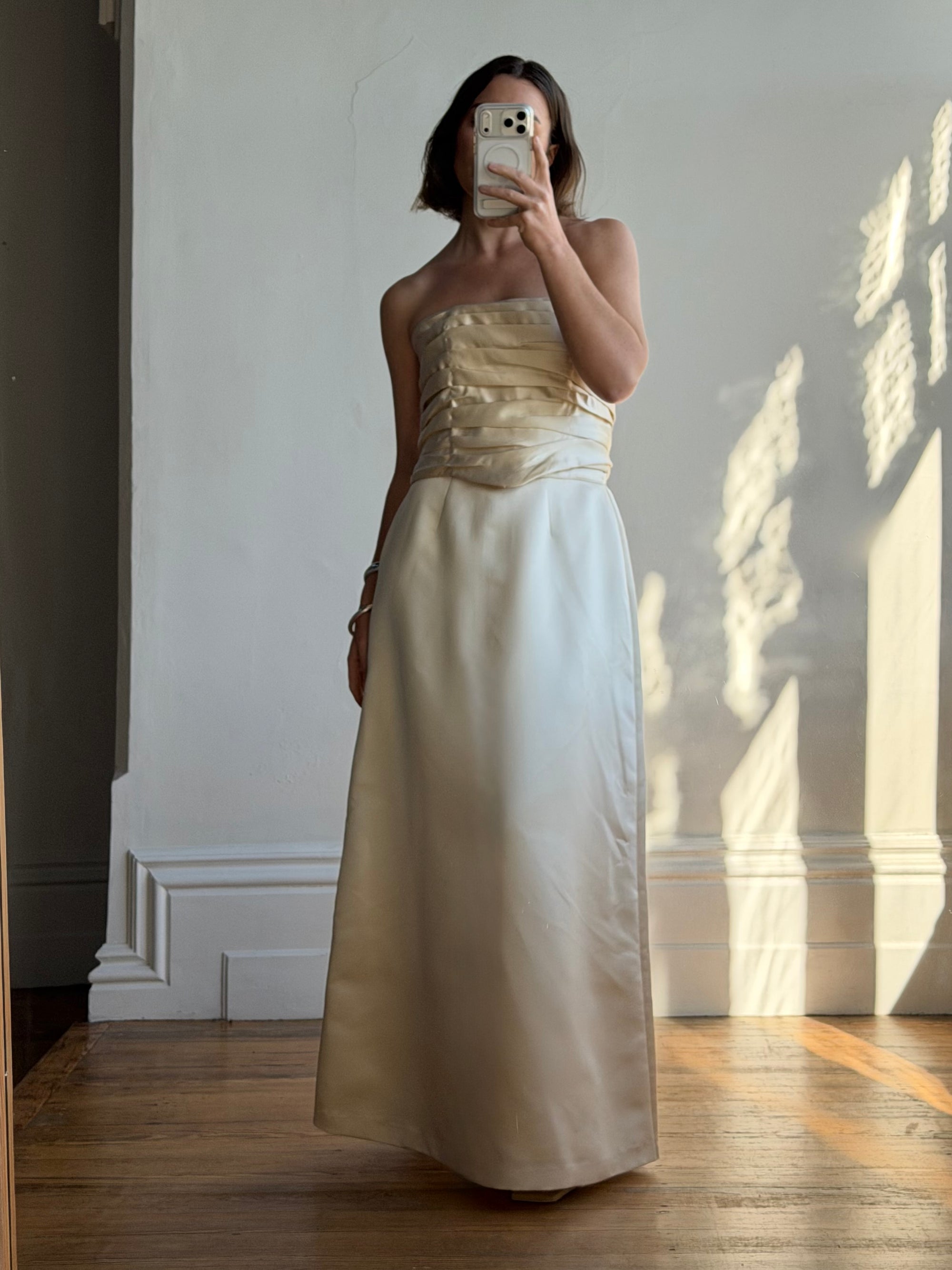 Vintage 90s Ruched Satin Two Piece Bridal Set Champagne