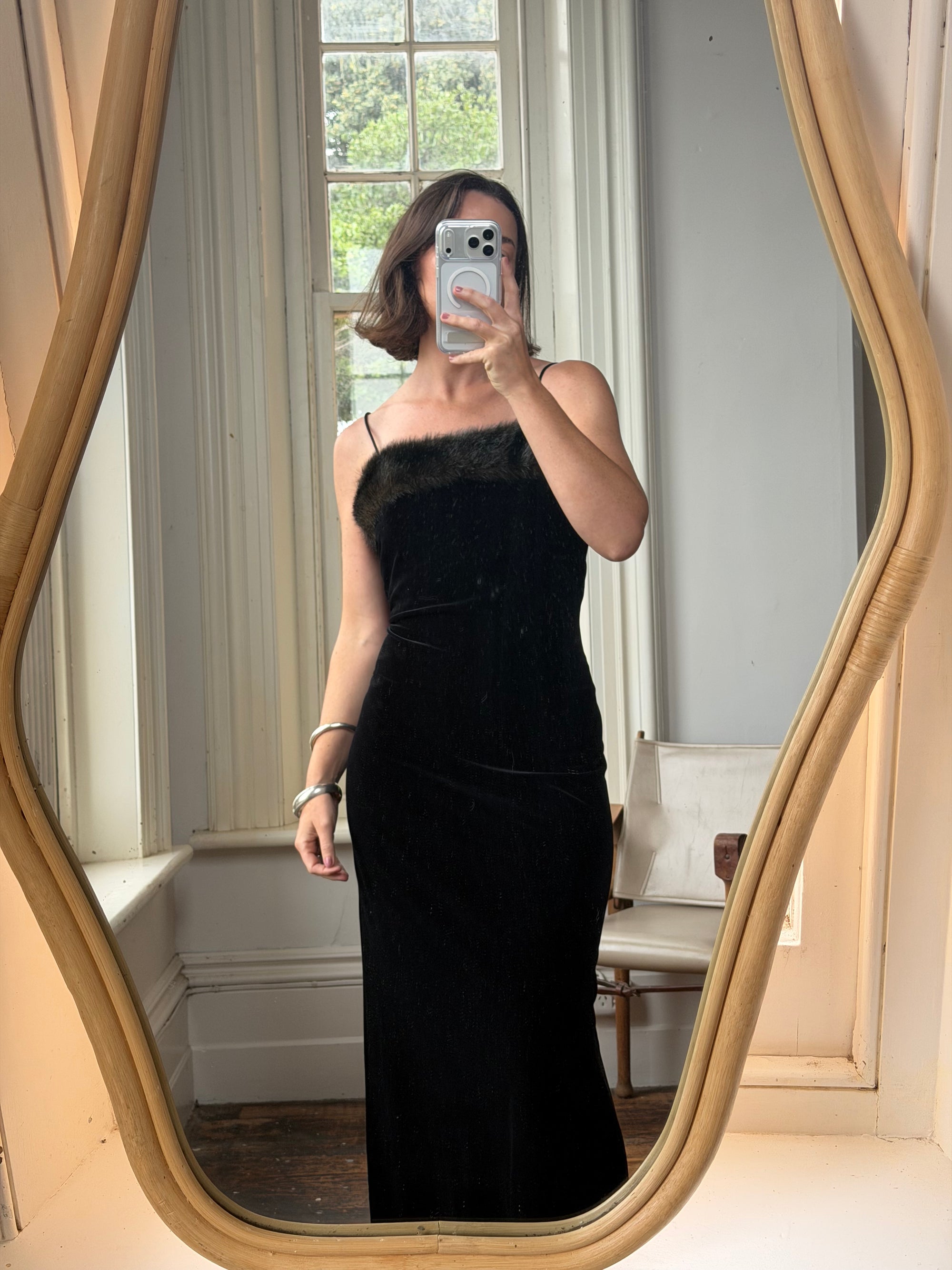 Vintage 90s Velvet Bodycon Maxi Dress with Fur Trim