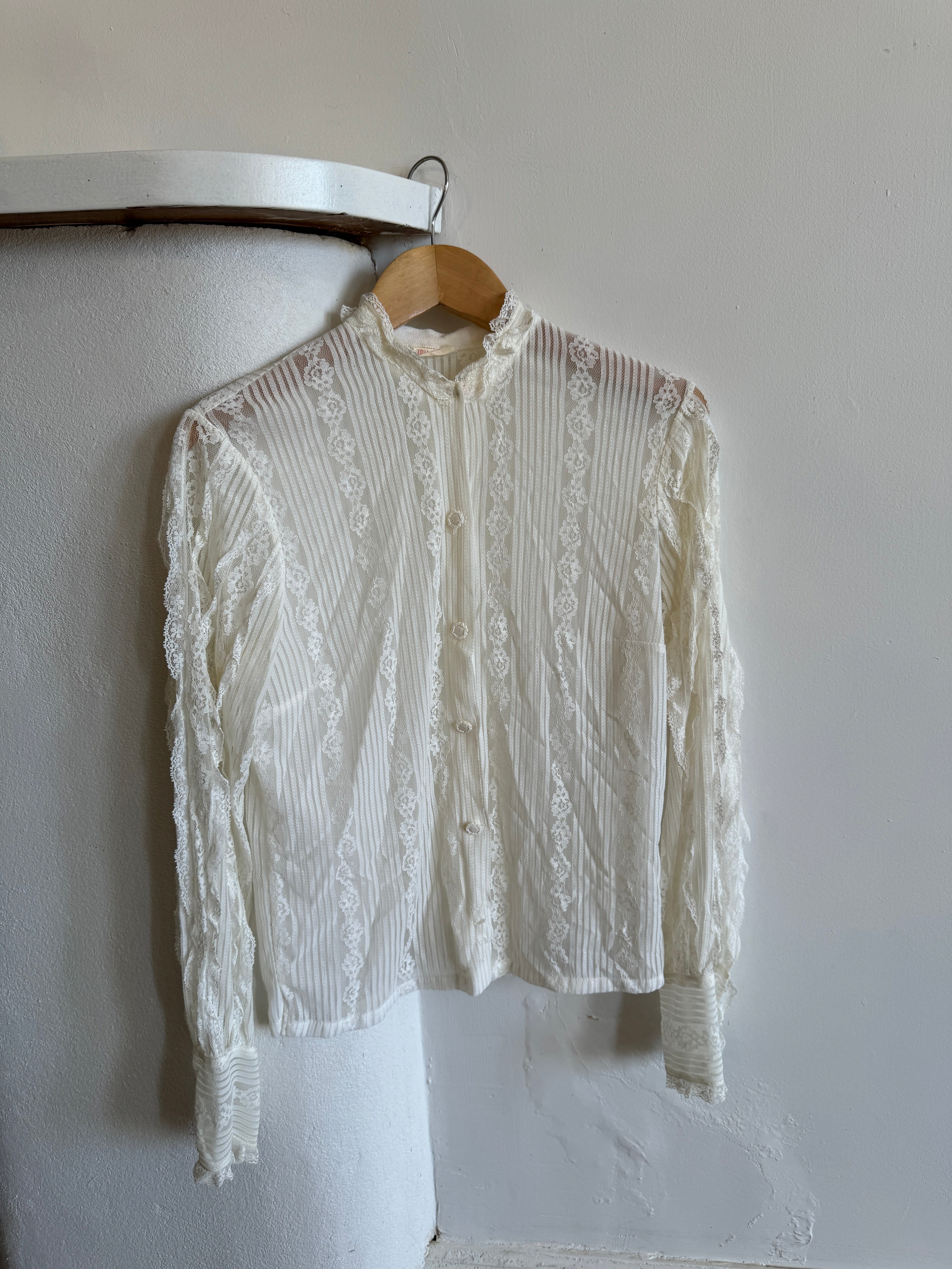 Vintage Lace Stretch Button Up Blouse