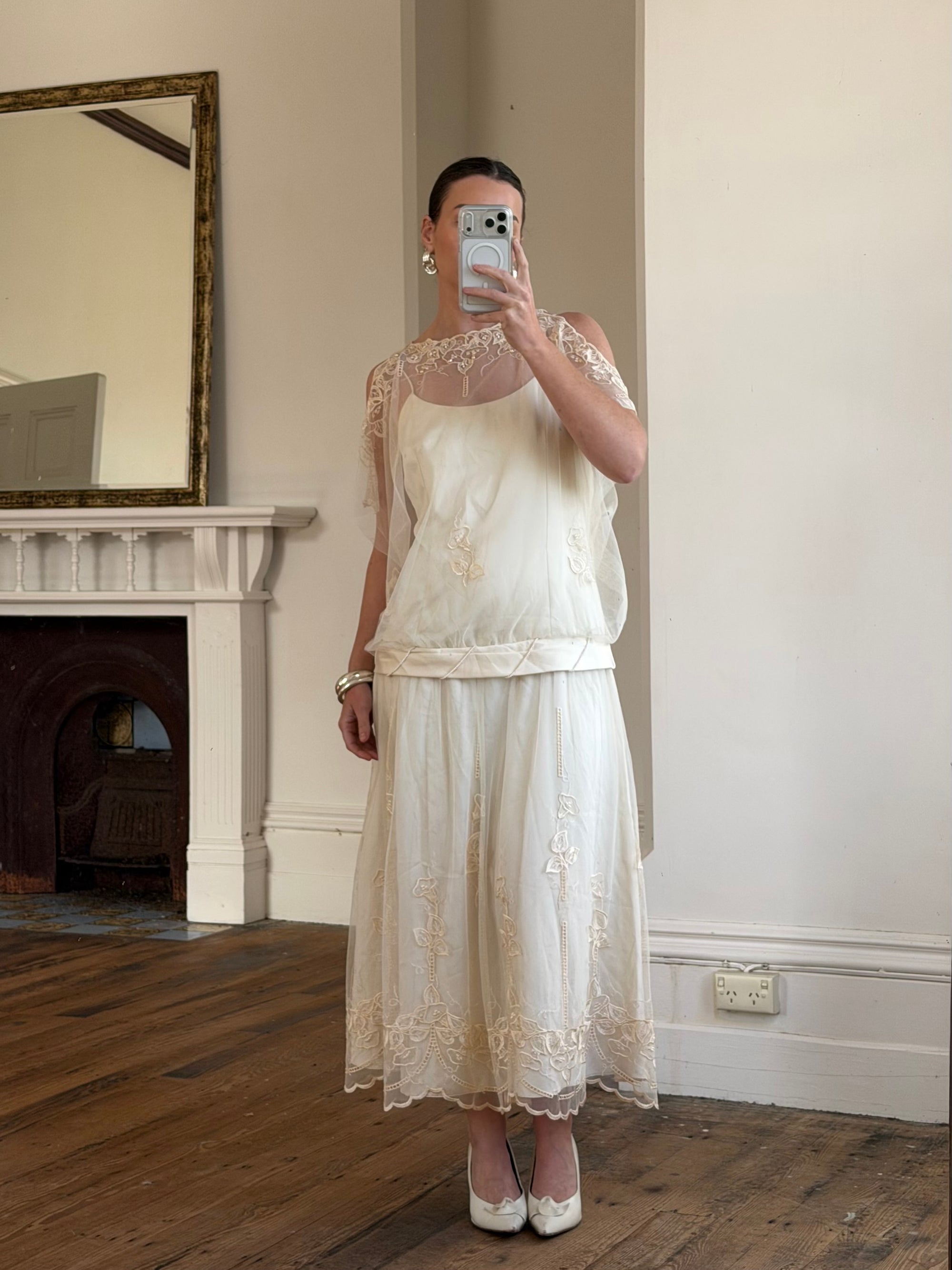 Vintage 80s Drop Waist Floral Sheer Midi Dress Creme