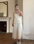 Vintage 80s Drop Waist Floral Sheer Midi Dress Creme