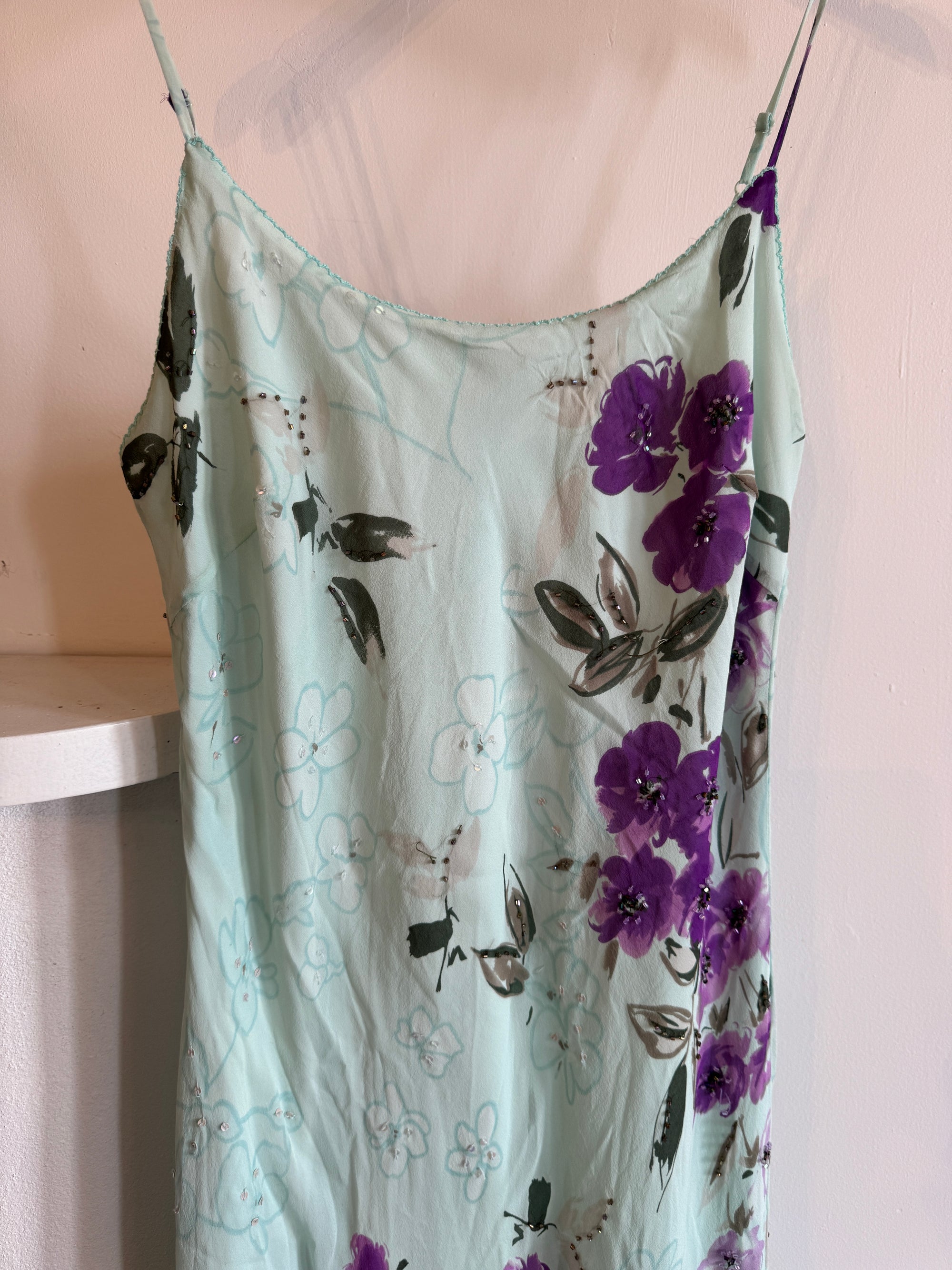 Vintage 90s Pure Silk Floral Mint Fairy Dress