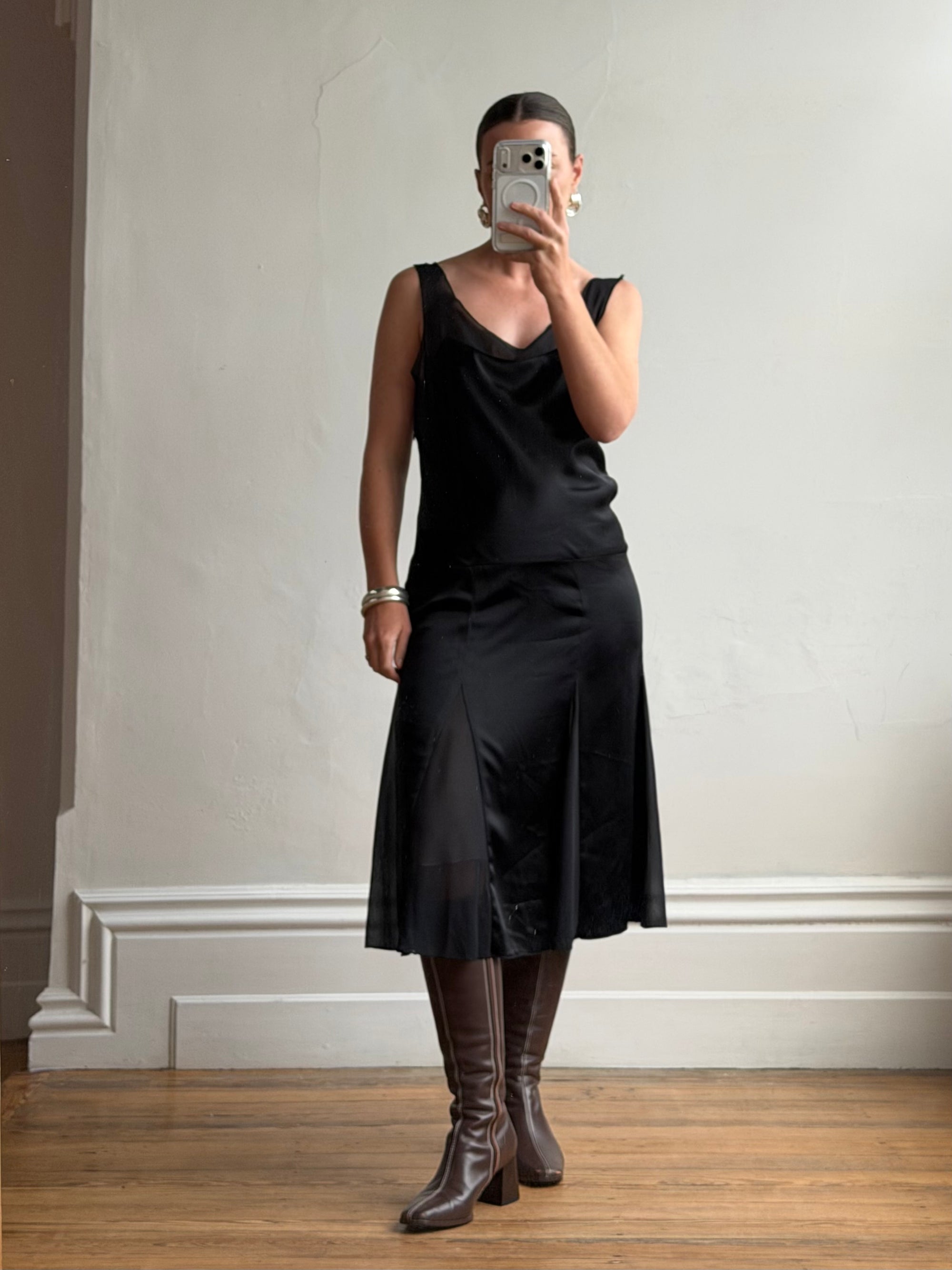 Vintage 90s Satin Drop Waist Midi Dress Noir
