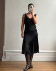 Vintage 90s Satin Drop Waist Midi Dress Noir