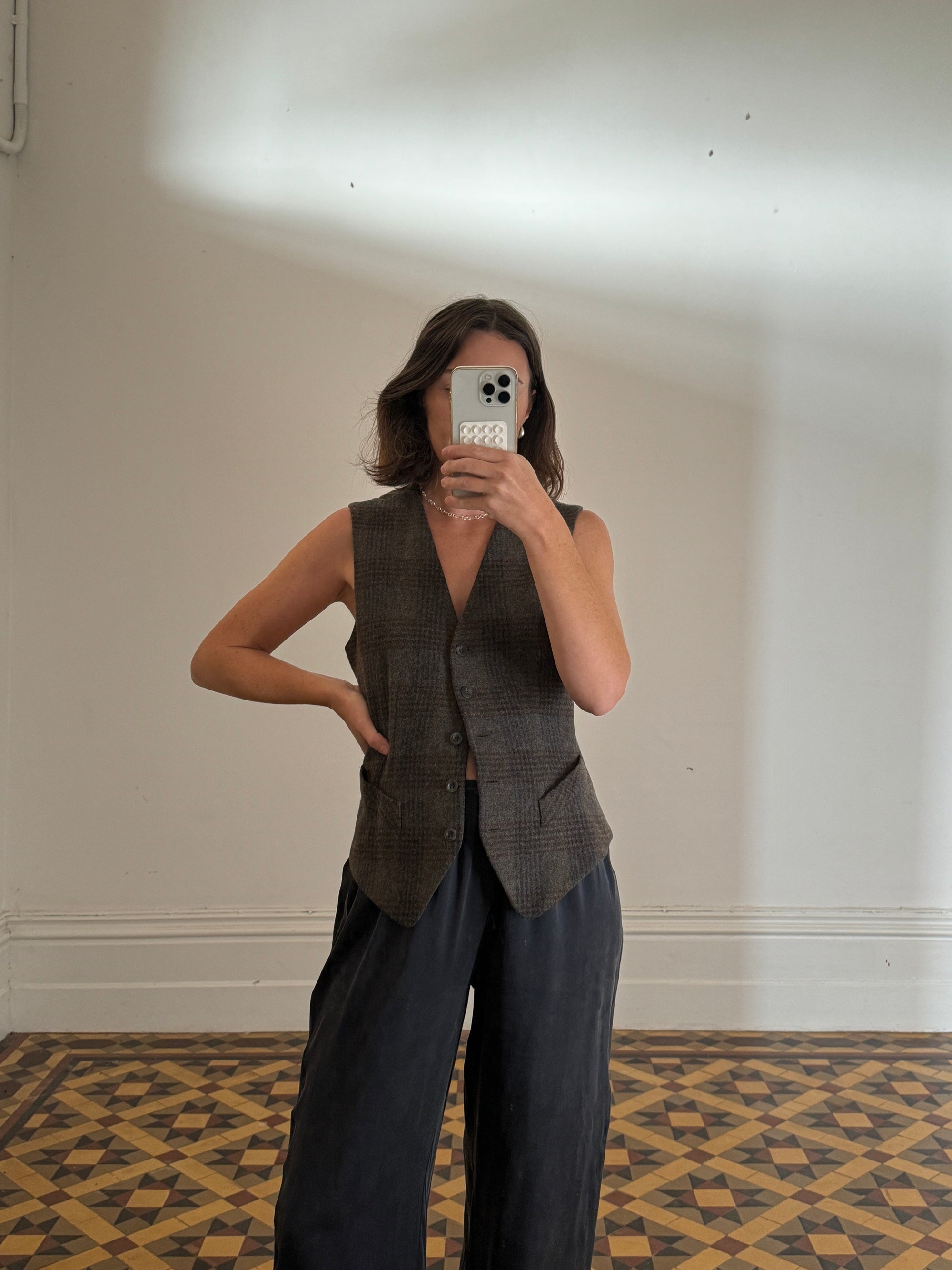 Vintage Tailored Wool Blend Grey Plaid Vest