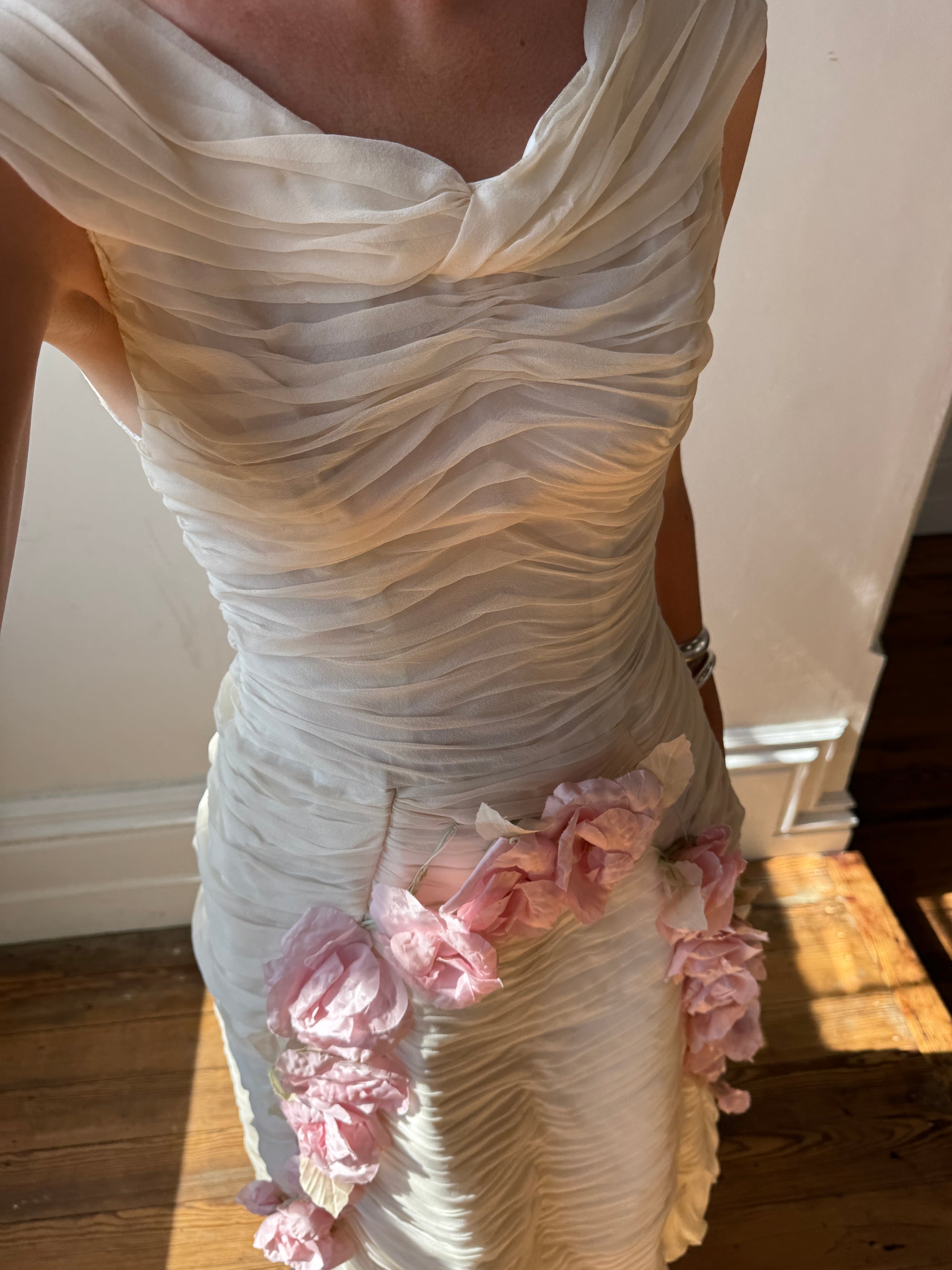 Vintage 60s Silk Pleated Wedding Gown with Pink Flowers