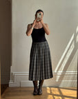 Vintage Scottish Wool Grey Plaid Pleated Midi Skirt