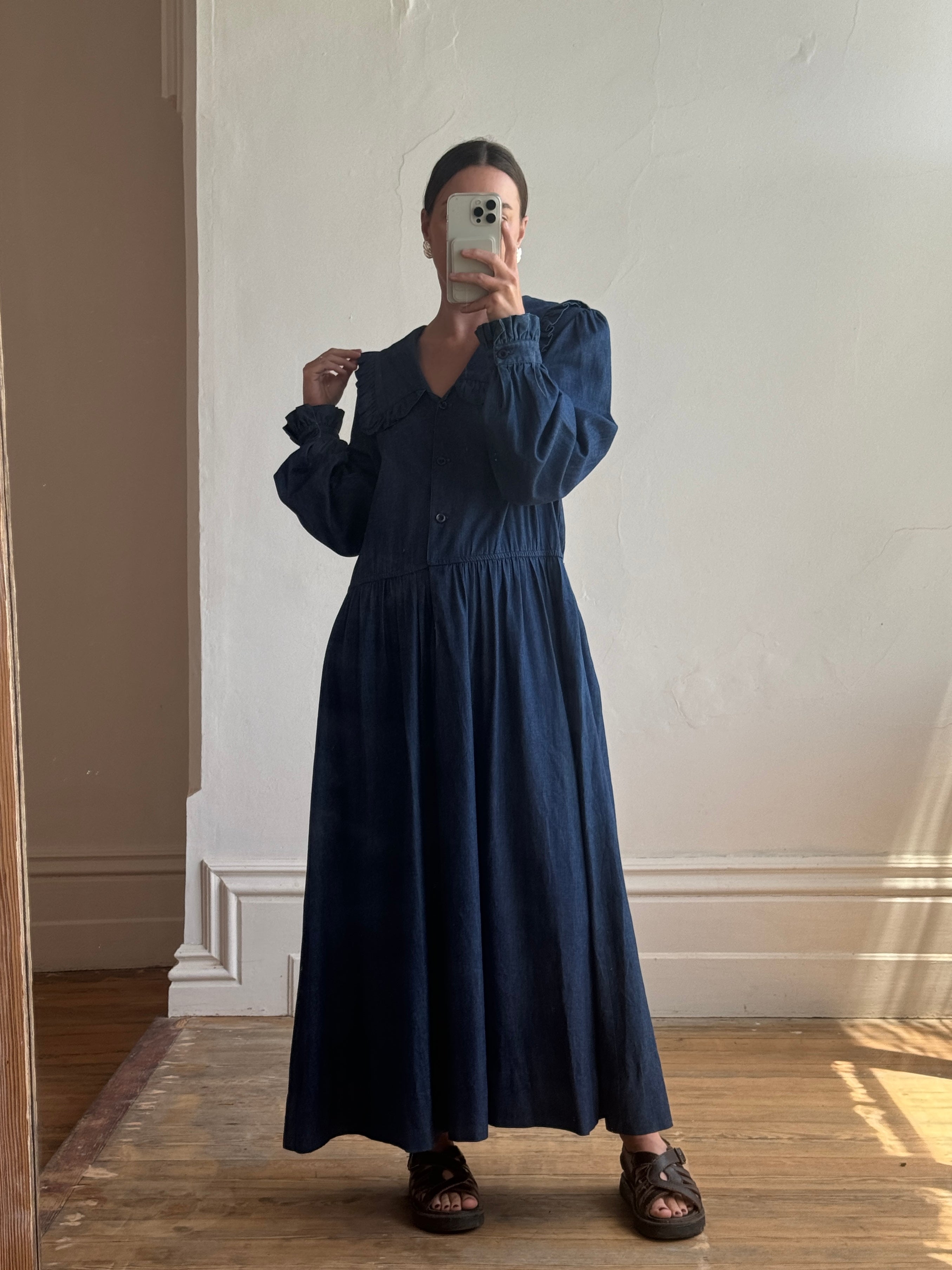 Vintage 80s Giant Collar Chambray Dress Navy