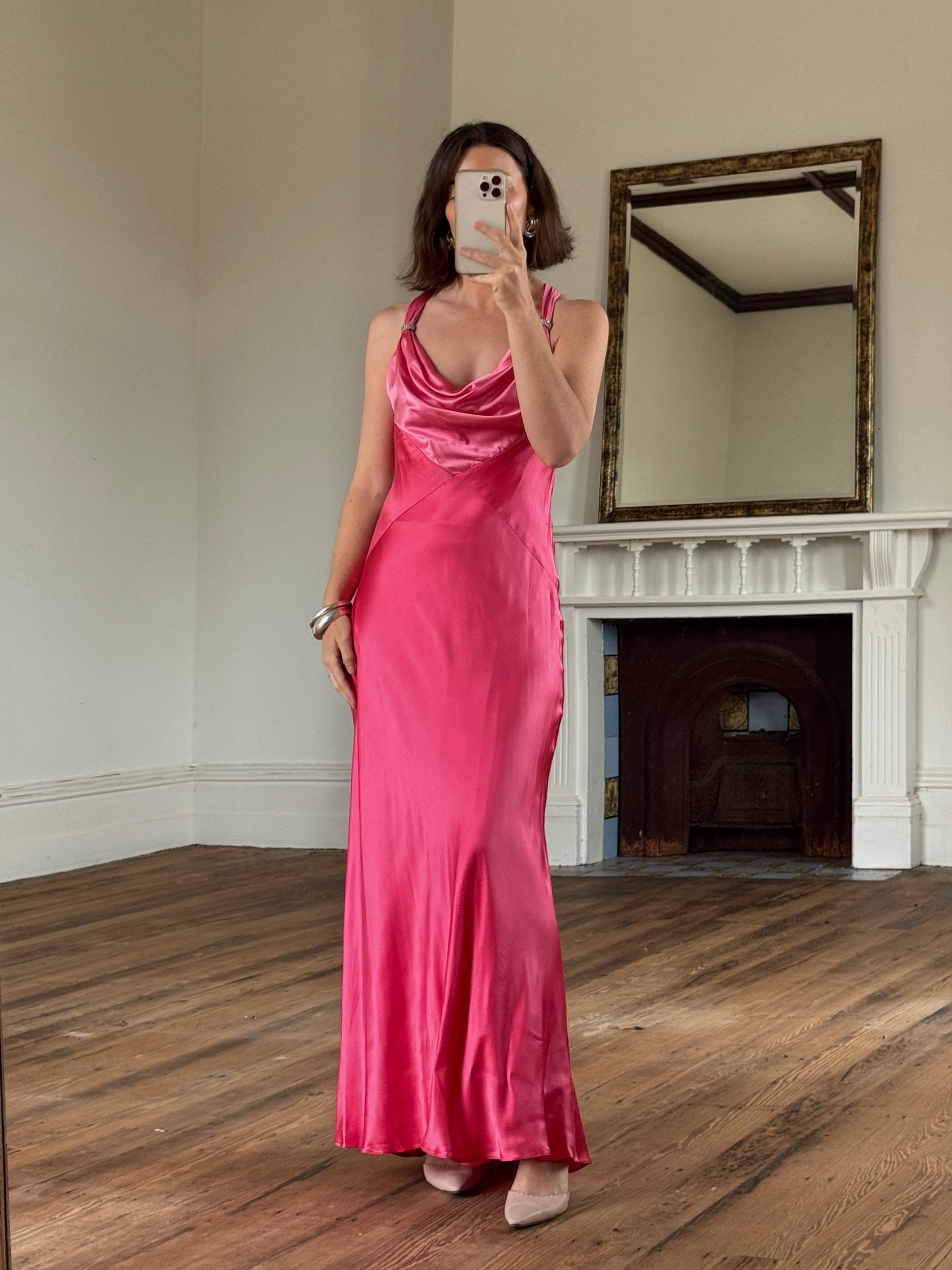 Vintage 90s Pure Silk Bias Cut Slip Dress With Rhinestones Hot Pink