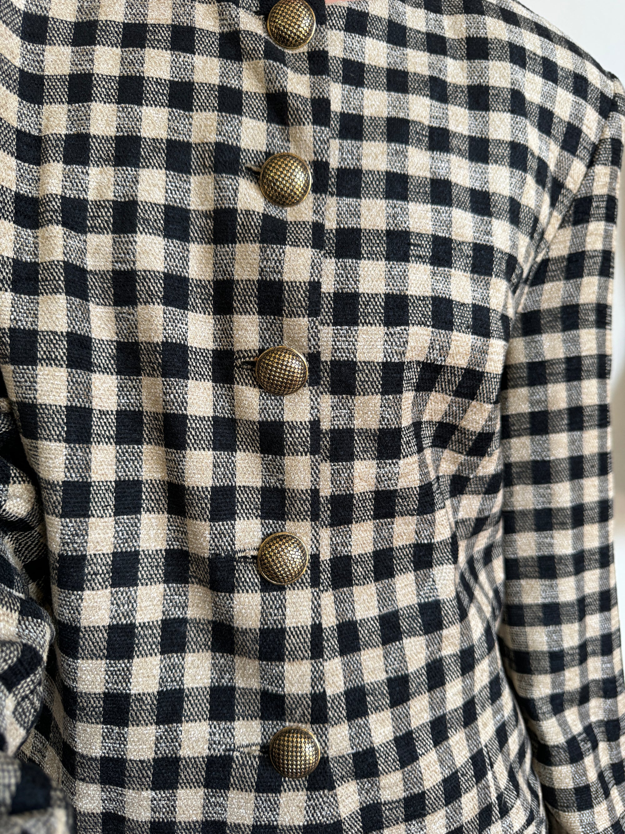 Vintage 90s Black and Caramel Gingham Collarless Blazer