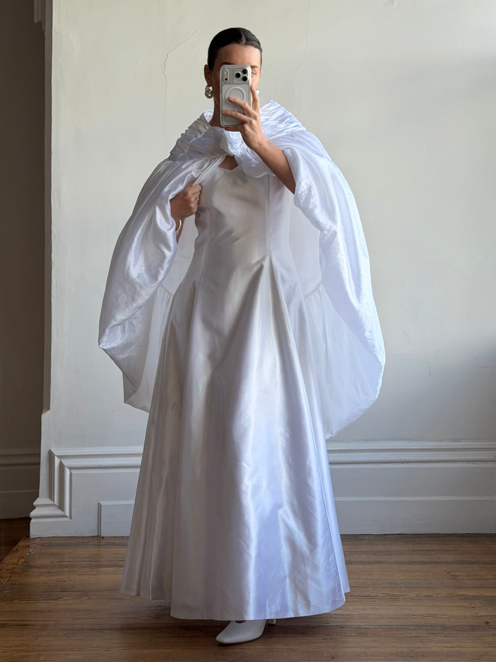 Vintage 90s Strappy Wedding Dress With Rosette Cape Pearl
