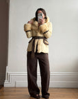 Vintage Y2K Italian Leather and Fur Belted Jacket with Hood