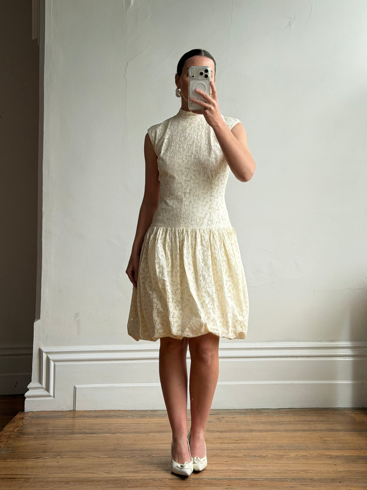 Vintage 90s Cream Broderie Anglaise Bubble Mini Dress