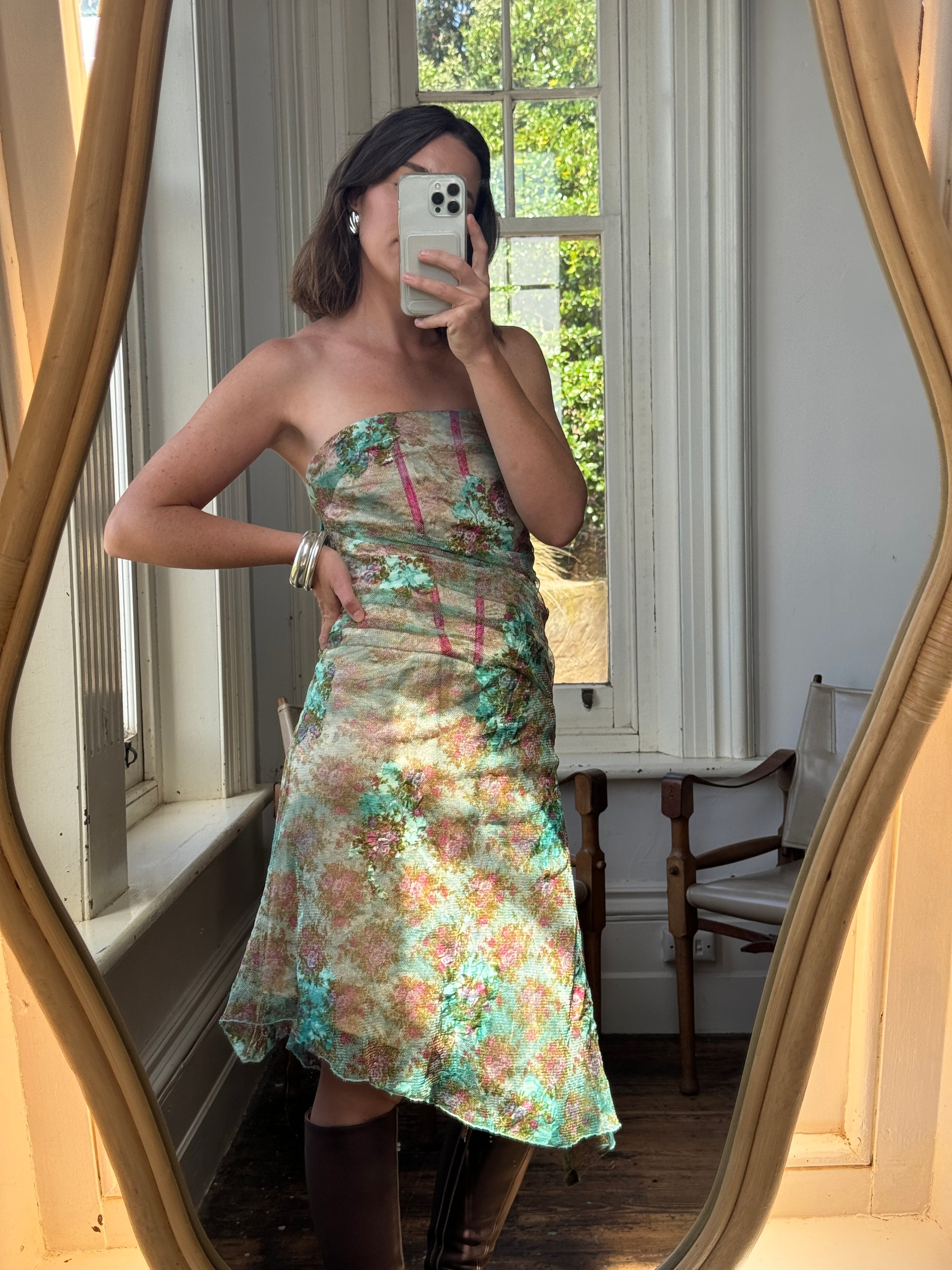 Vintage Y2K Teal Mesh Tapestry Corset Dress