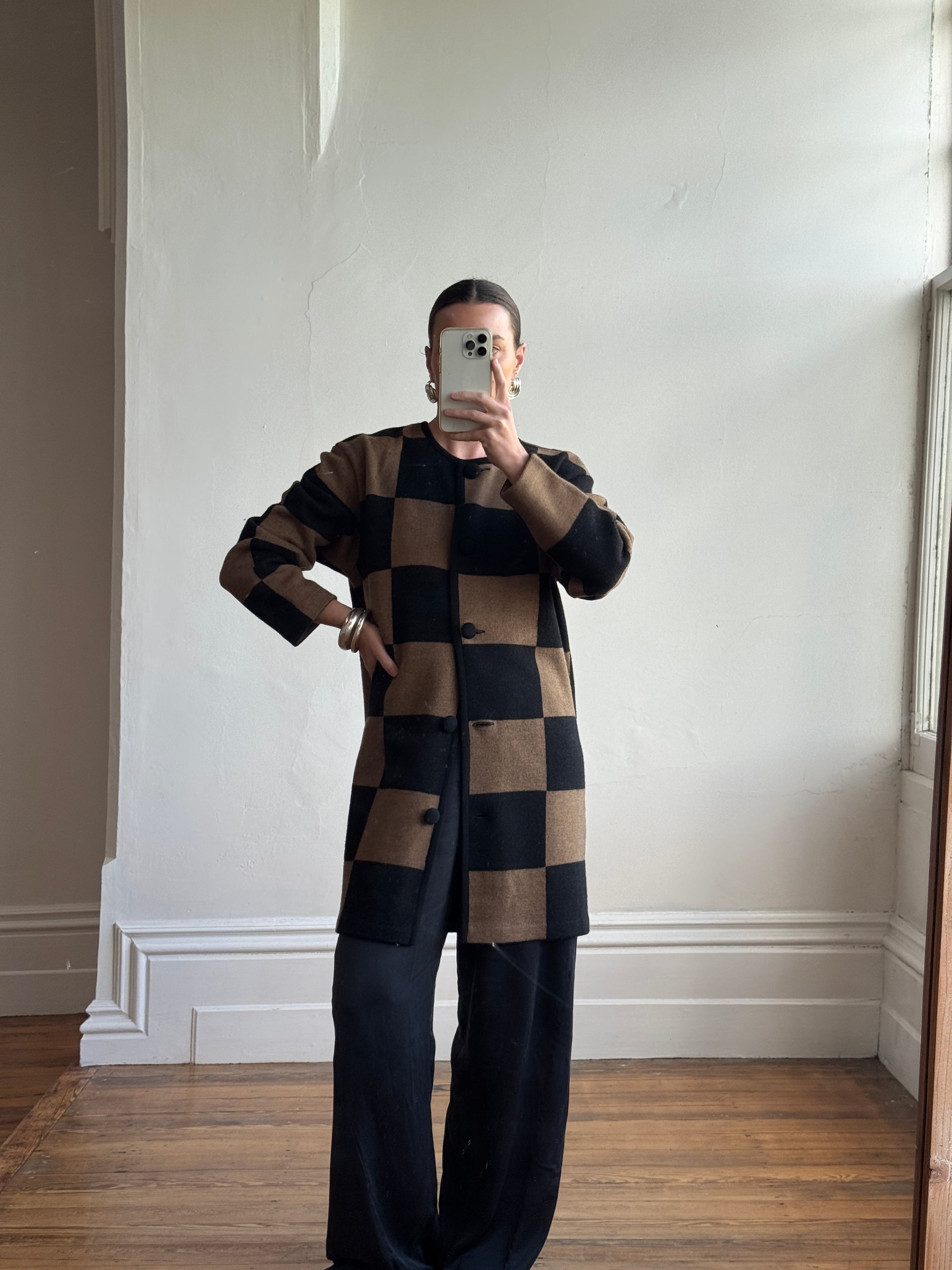 Vintage 80s Pure Wool Checkerboard Oversized Cardi