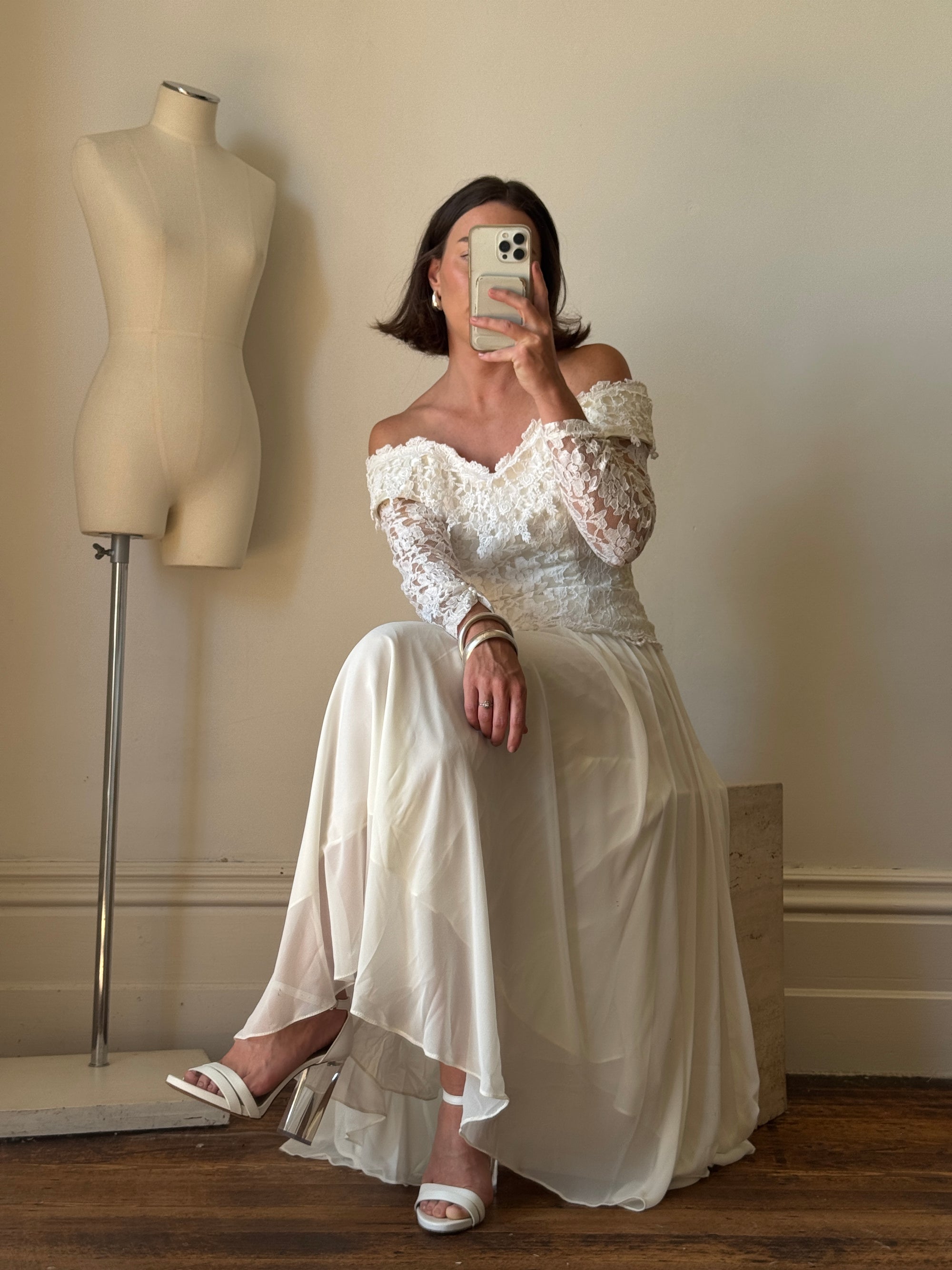 Vintage 90s Lace Off The Shoulder Chiffon Wedding Dress