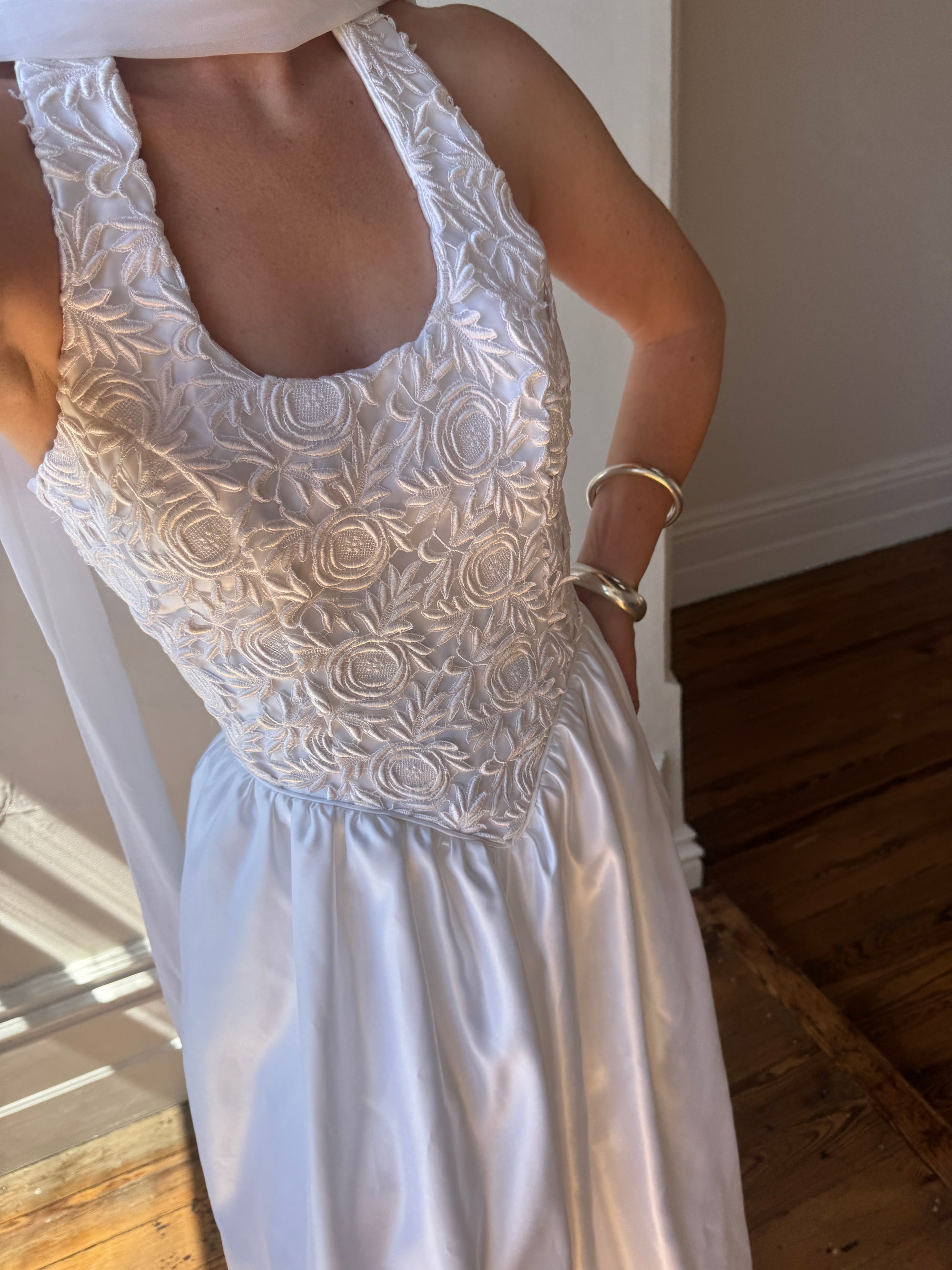 Vintage 90s Australian Made Lace Halter Satin Wedding Dress