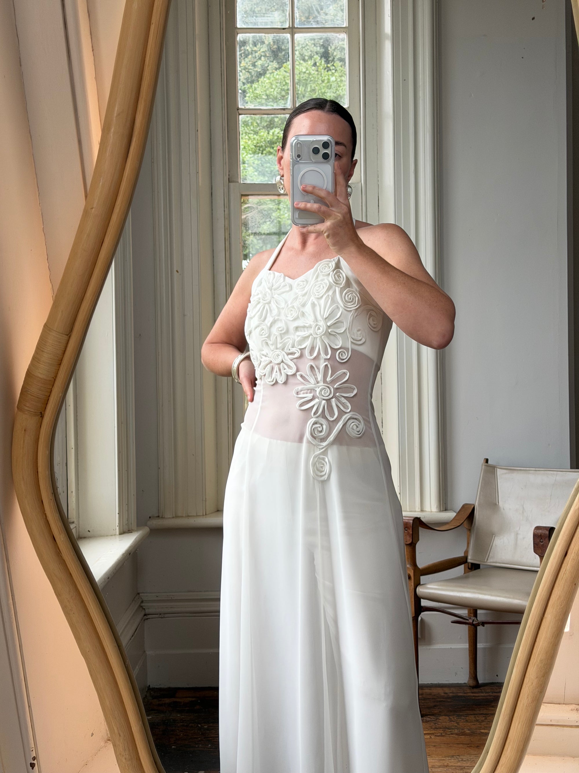 Vintage 90s Daisy Sheer Halter Midi Dress White