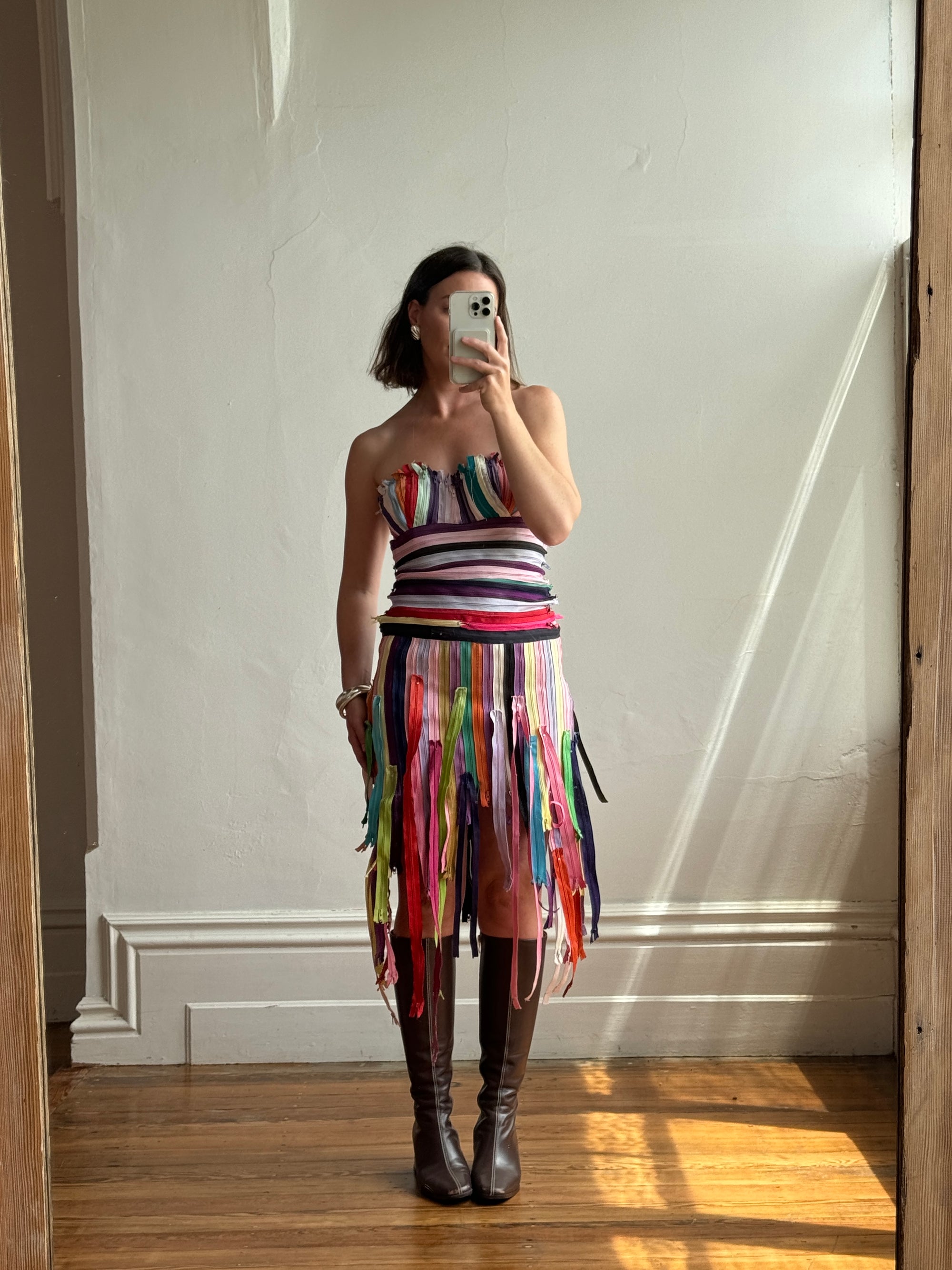 Vintage 90s Multi Coloured Zipper Low Rise Bustier Dress
