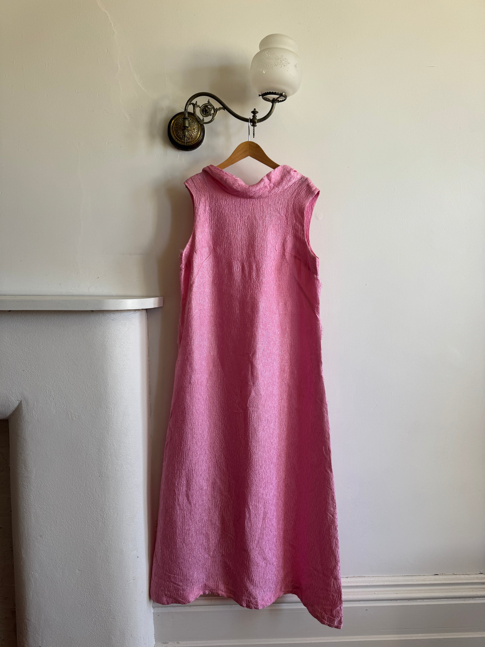 Vintage 80s Boat Neck Crinkle Dress Hot Pink
