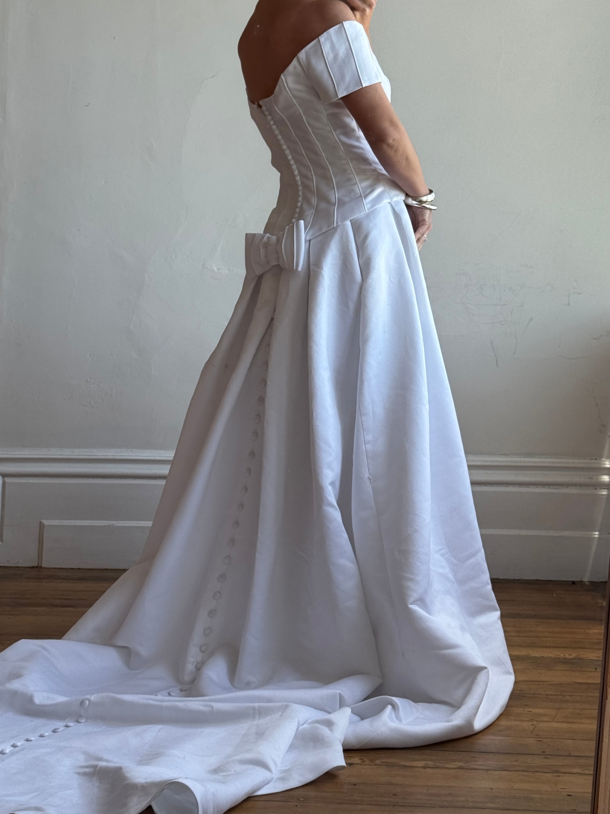 Vintage 90s Off Shoulder Box Pleat Wedding Gown