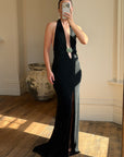 Vintage 90s Low Jersey Evening Dress Rhinestone Snake Noir