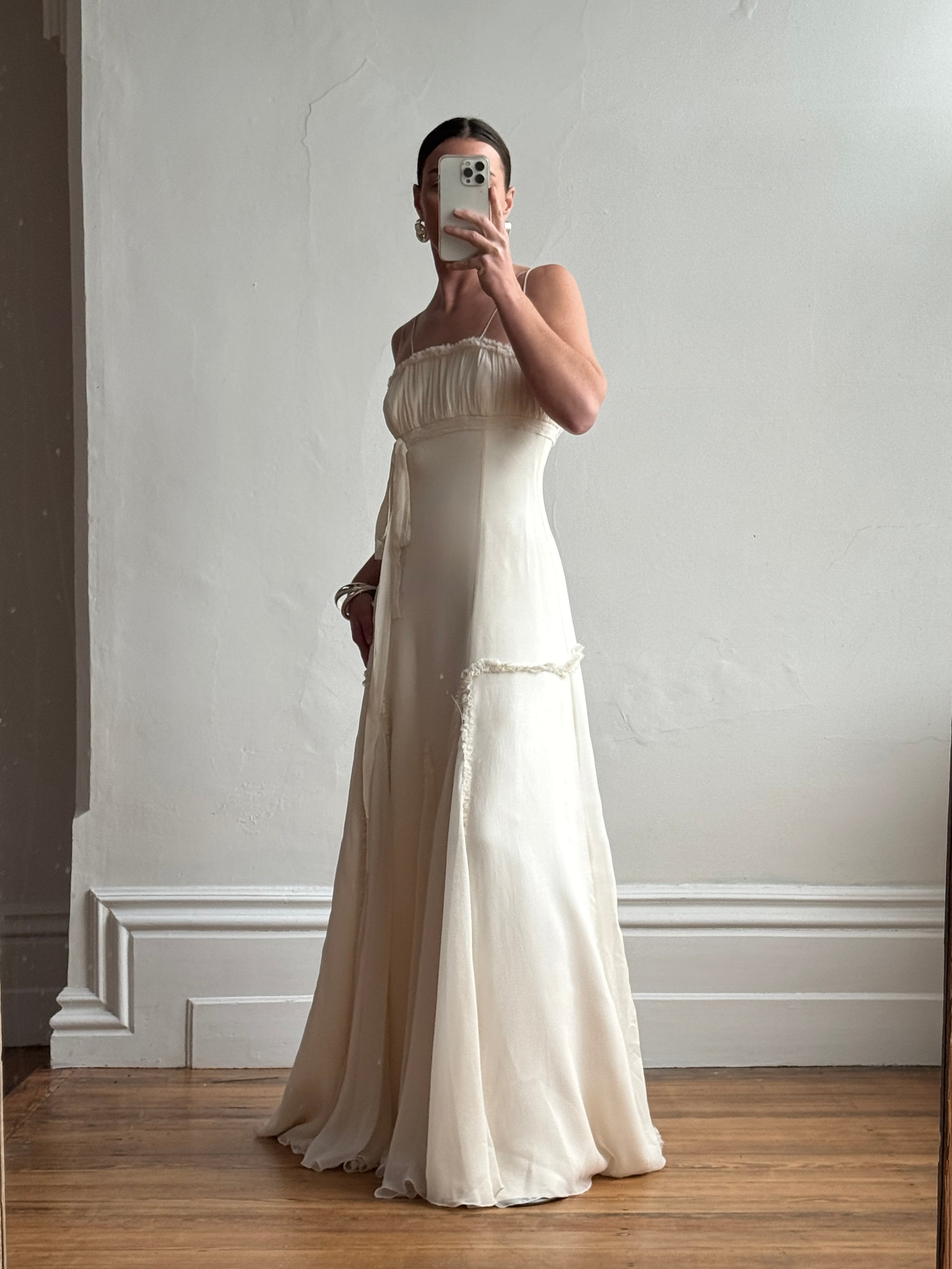 Vintage 90s Silk Chiffon Empire Wedding Gown Creme