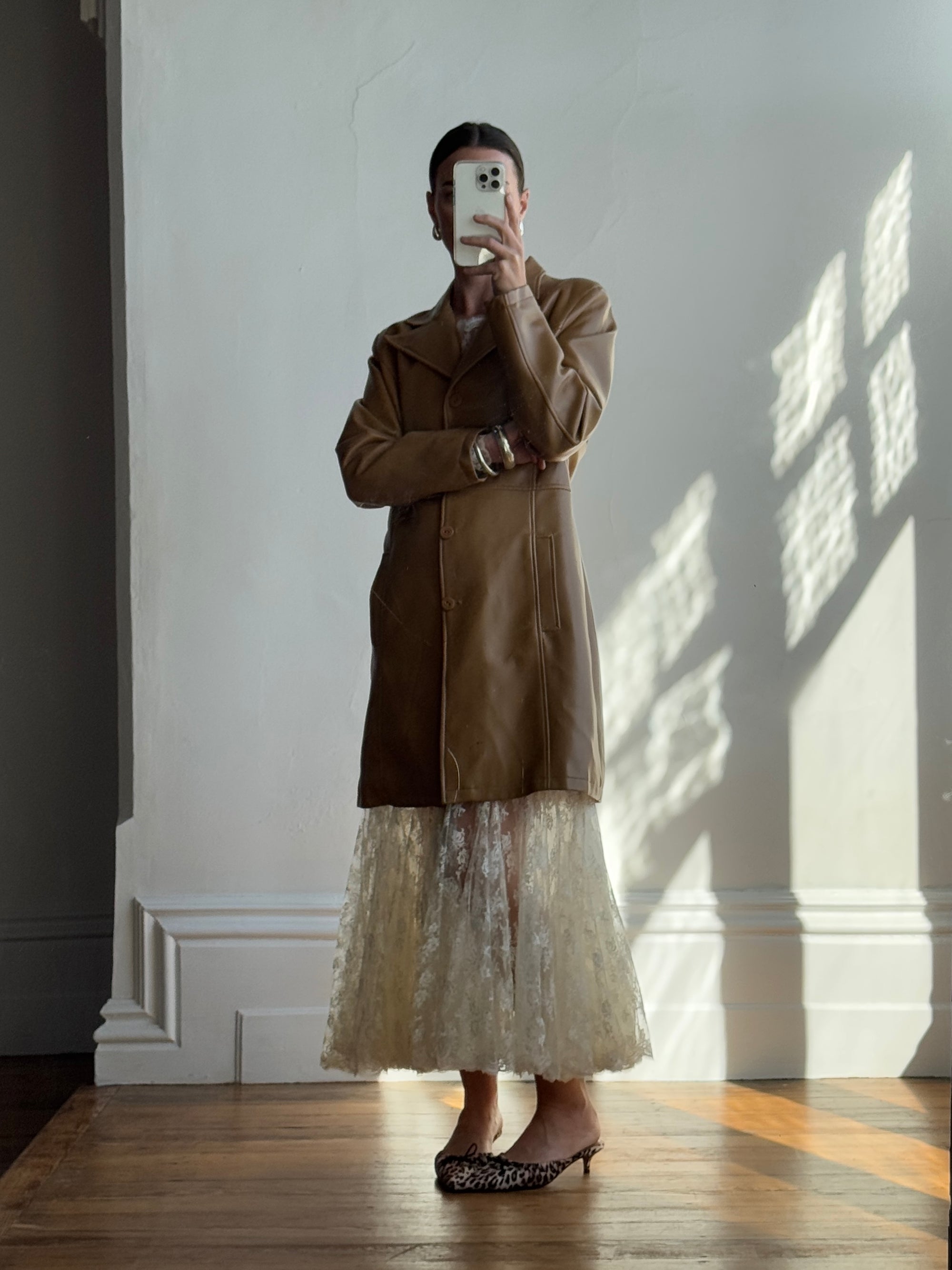 Vintage Y2K Tan Faux Leather Trench Coat