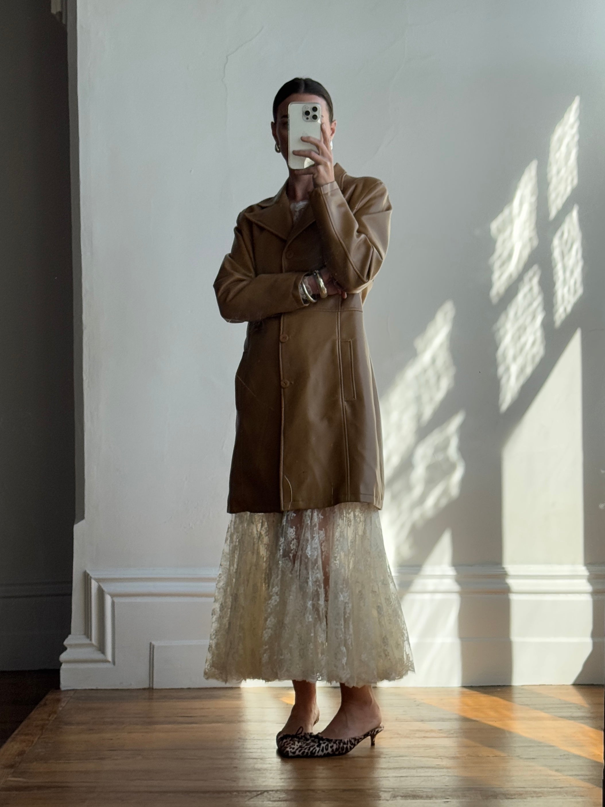 Vintage Y2K Tan Faux Leather Trench Coat