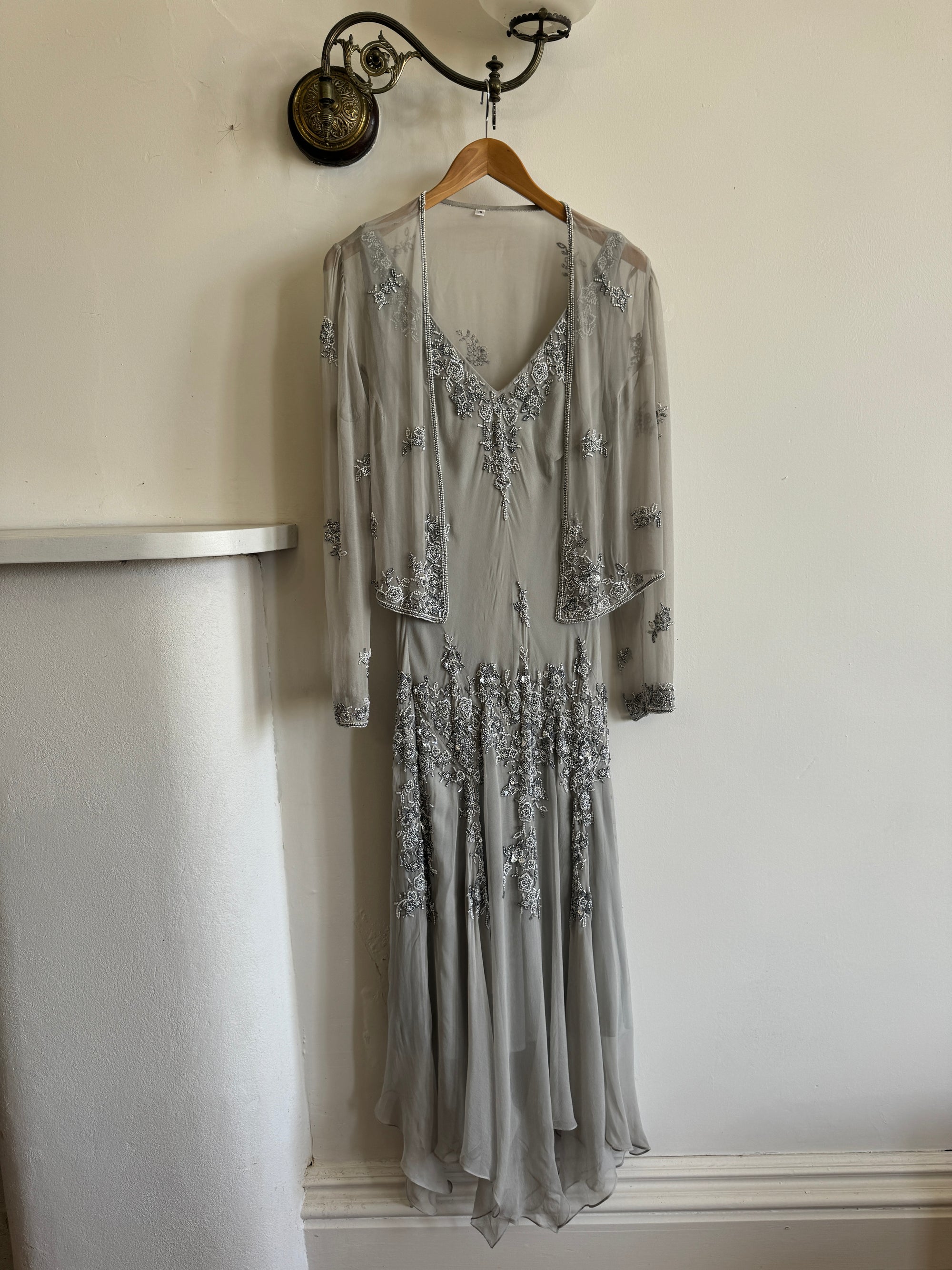 Vintage 90s Pure Silk Beaded V Neck Dress Light Grey