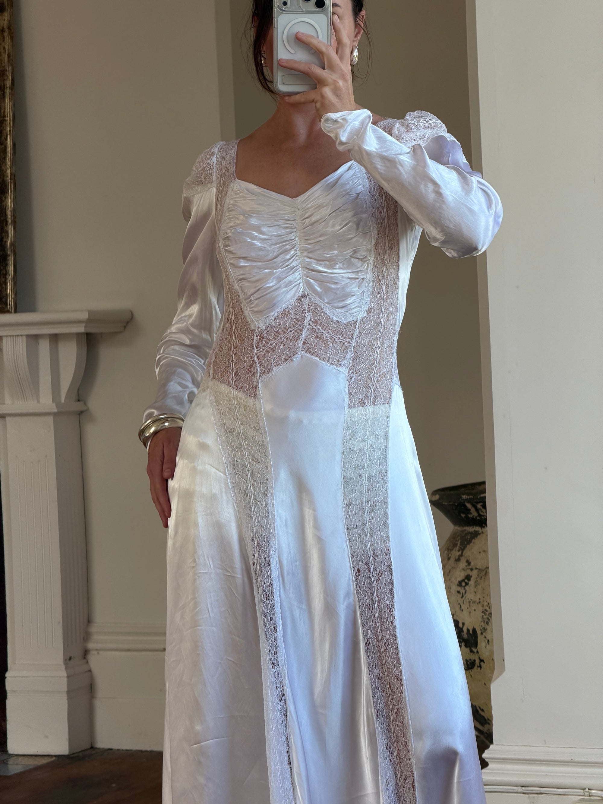 Vintage 40s Liquid Silk Satin Sheer Lace Wedding Gown