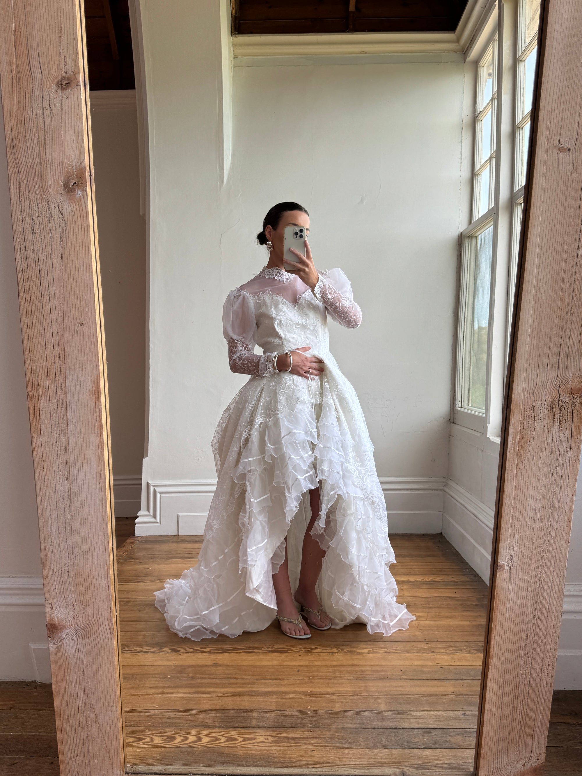Vintage 70s Puff Sleeve Organza Ruffle Wedding Gown