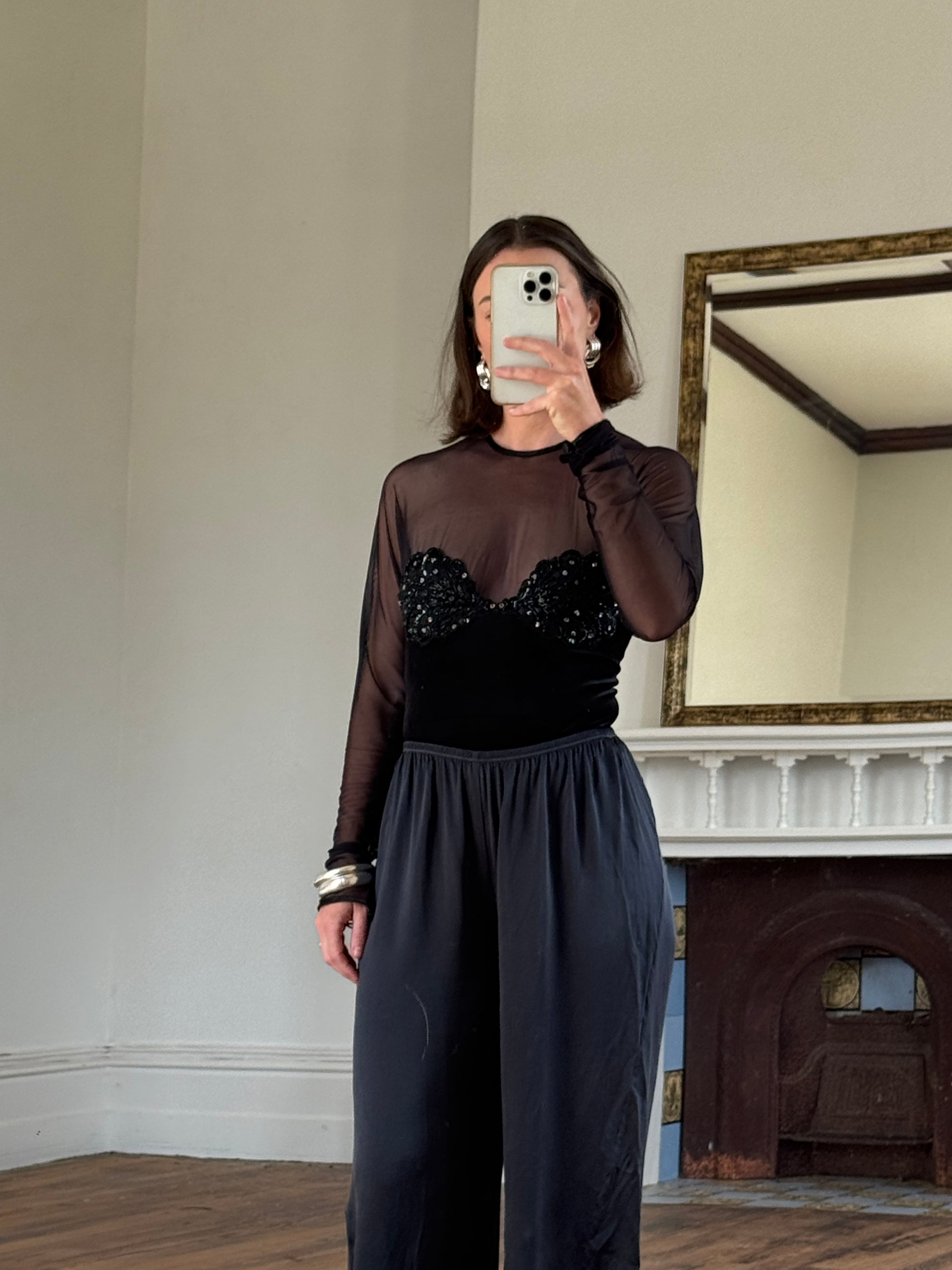 Vintage 90s Emanuel Ungaro Velvet Mesh Embroidered Bodysuit