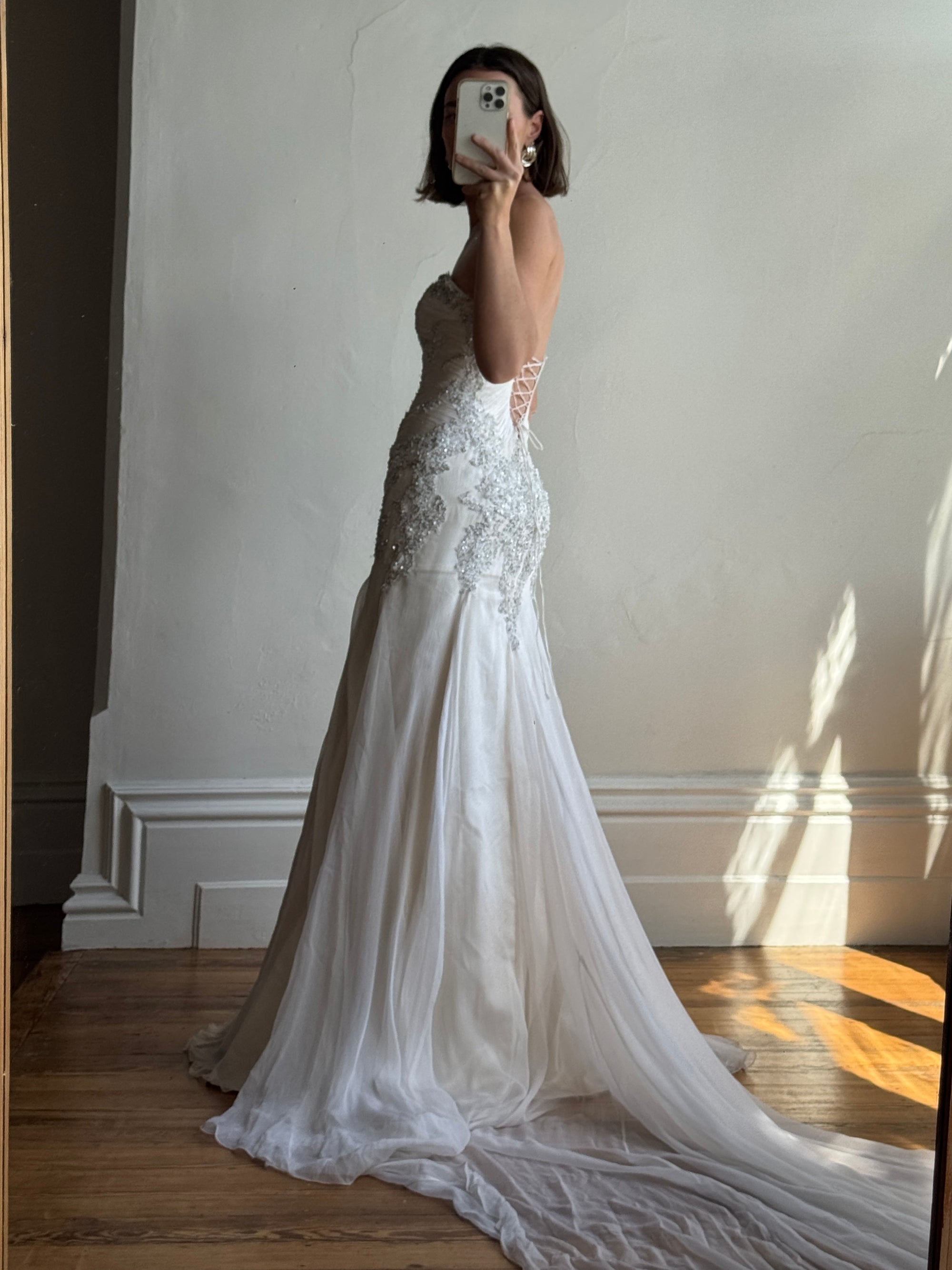 Vintage 90s Pure Silk Couture Drop Waist Wedding Gown