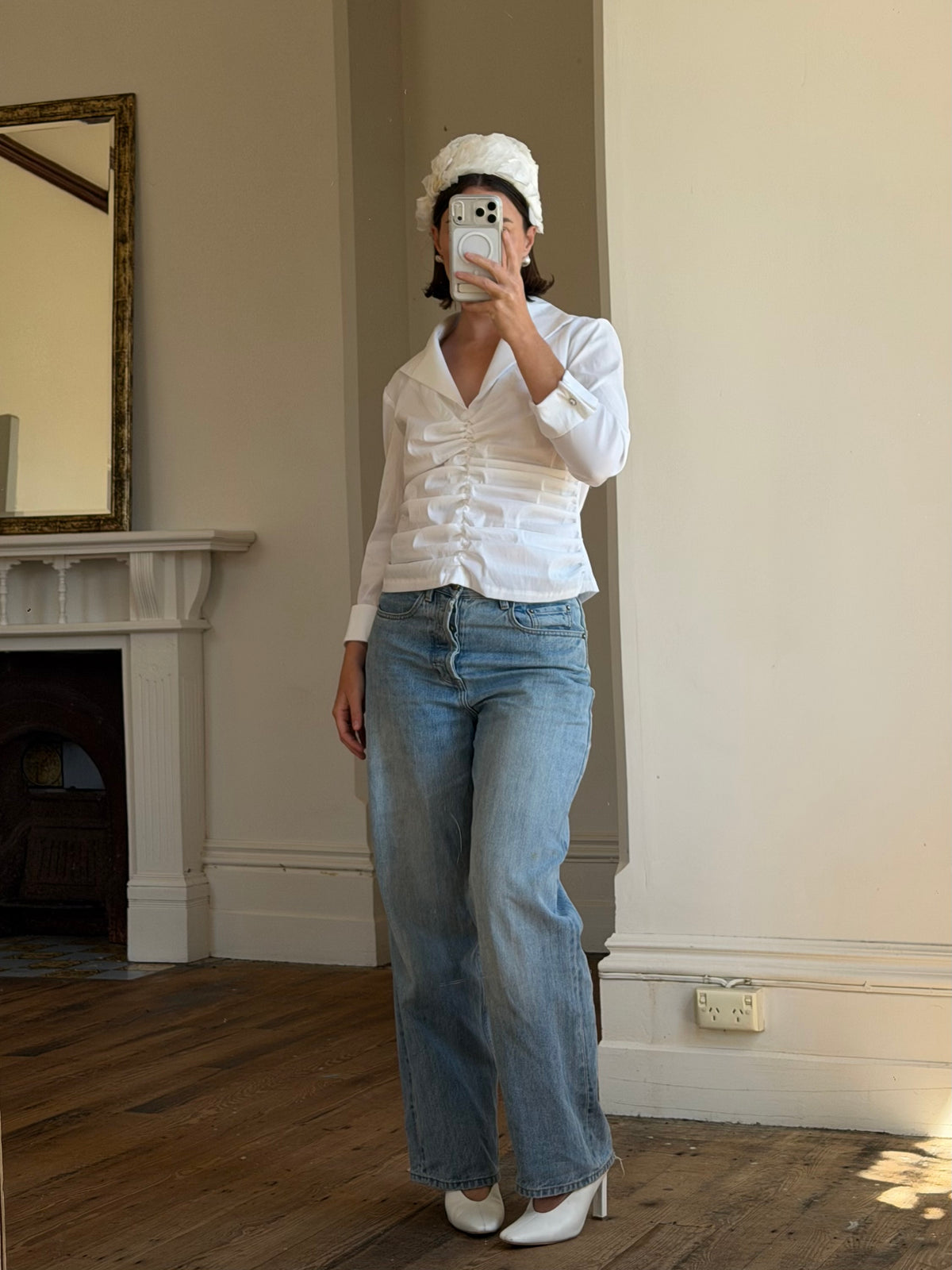 Vintage 90s Structured Collar Gathered Blouse Crisp White