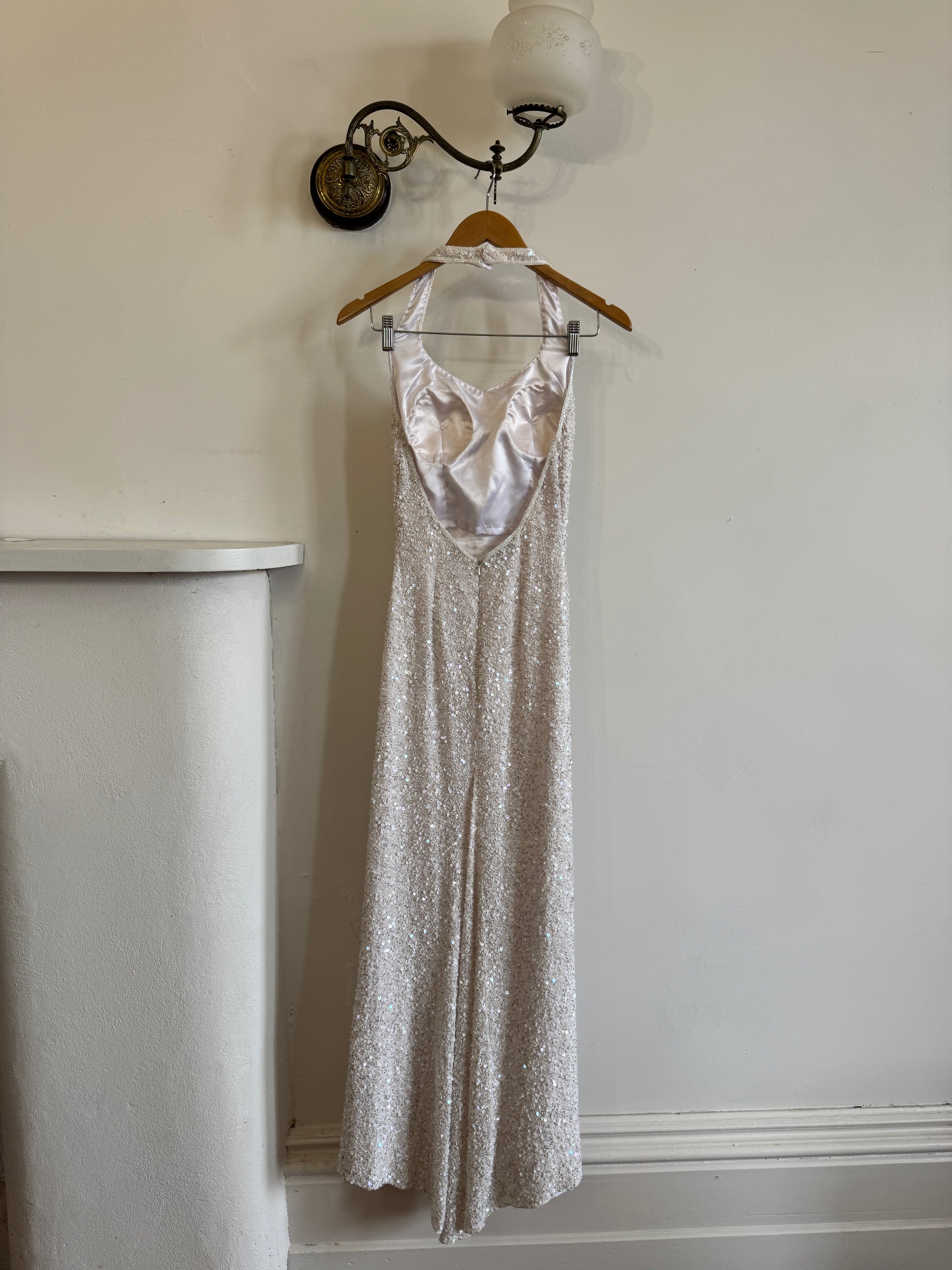 Vintage 90s Sequin Embellished Halter Bodycon Midi Dress White