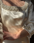 Vintage 90s Pure Silk Satin Baroque Scoop Neck Wedding Gown and Veil