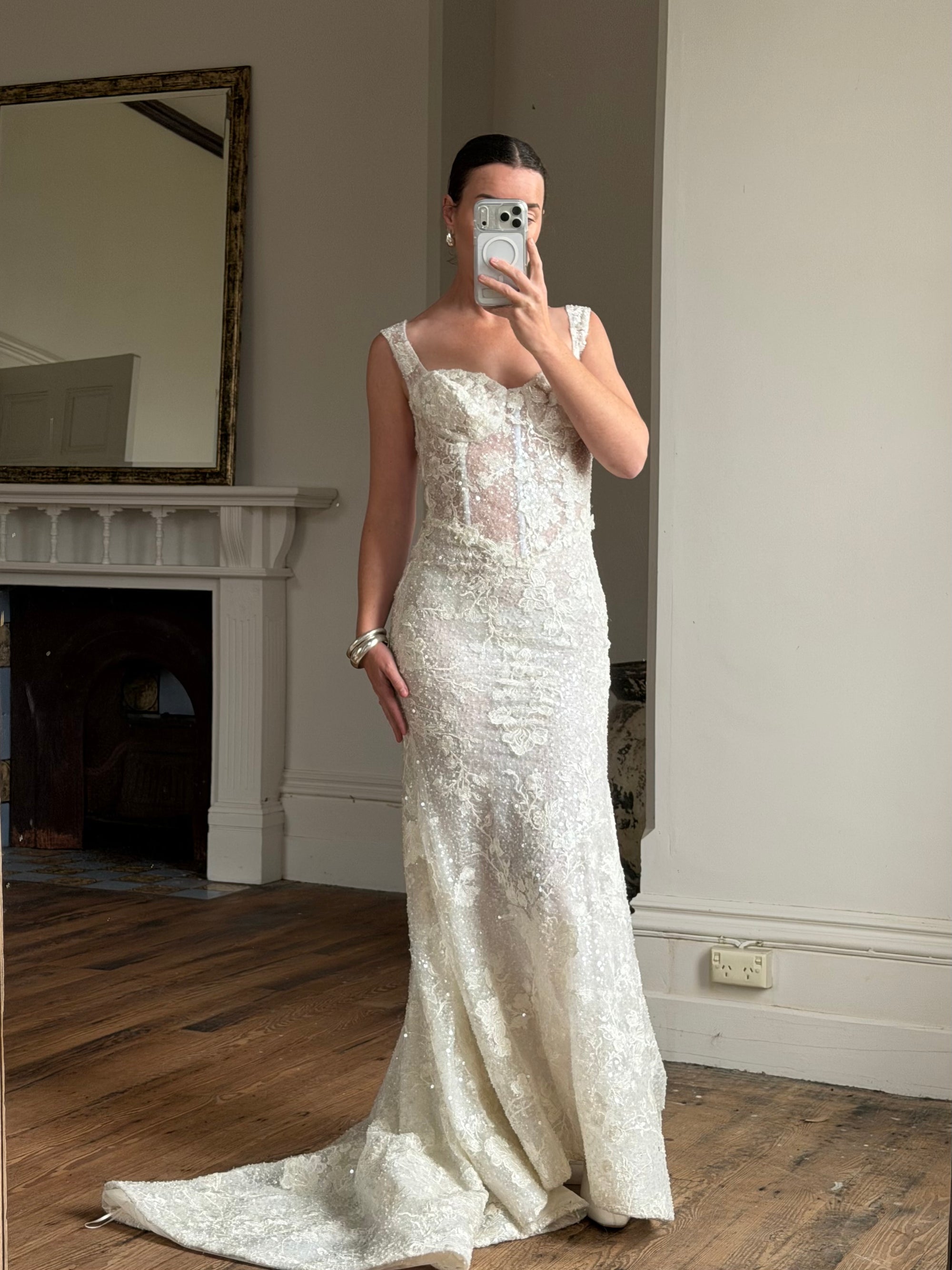 Vintage Y2K Italian Sheer Embroidered Naked Bustier Wedding Gown