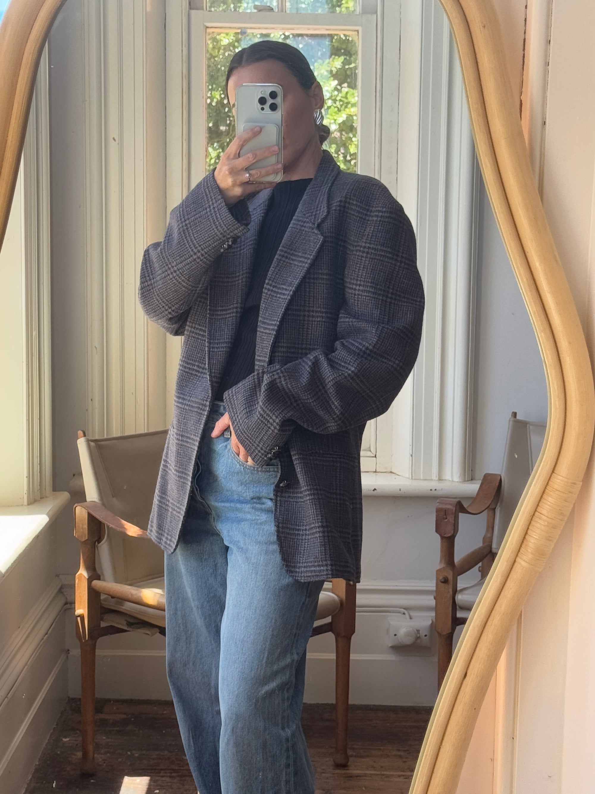 Vintage Pure Wool Navy and Beige Herringbone Blazer