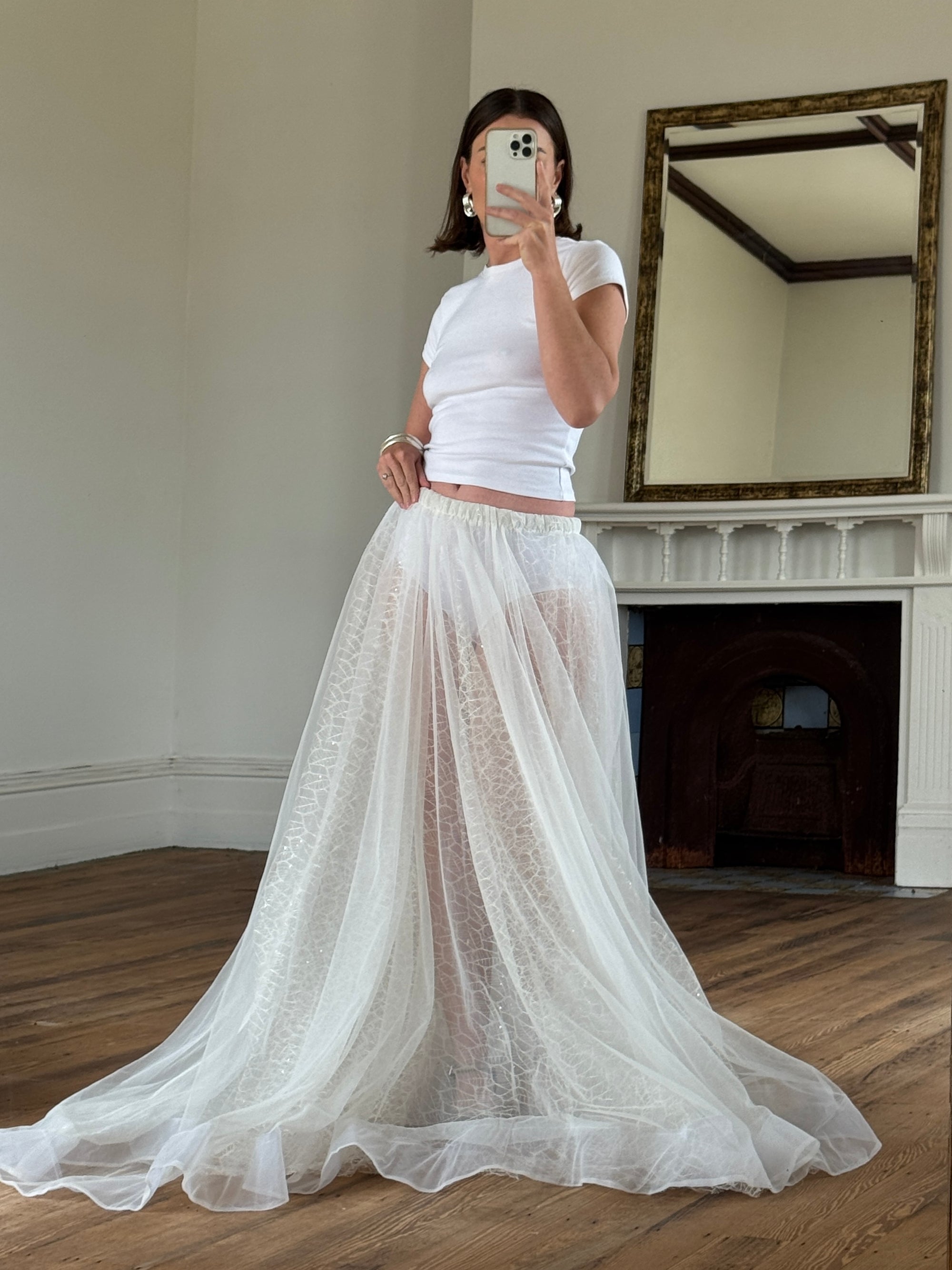 Vintage 80s Sheer Organza Webbed Lace Bridal Skirt