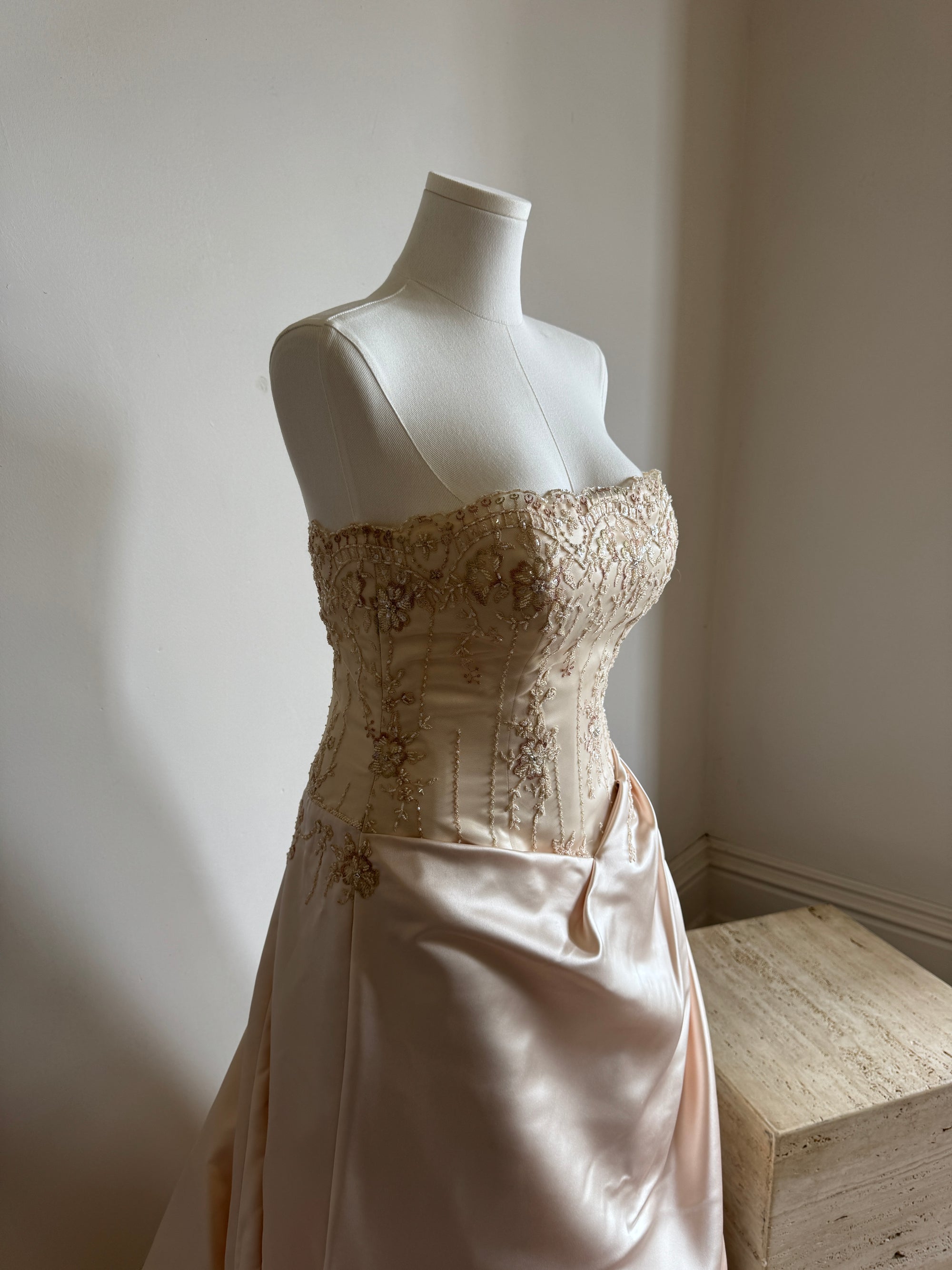 Vintage 90s Rose Crystal Encrusted Strapless Wedding Gown